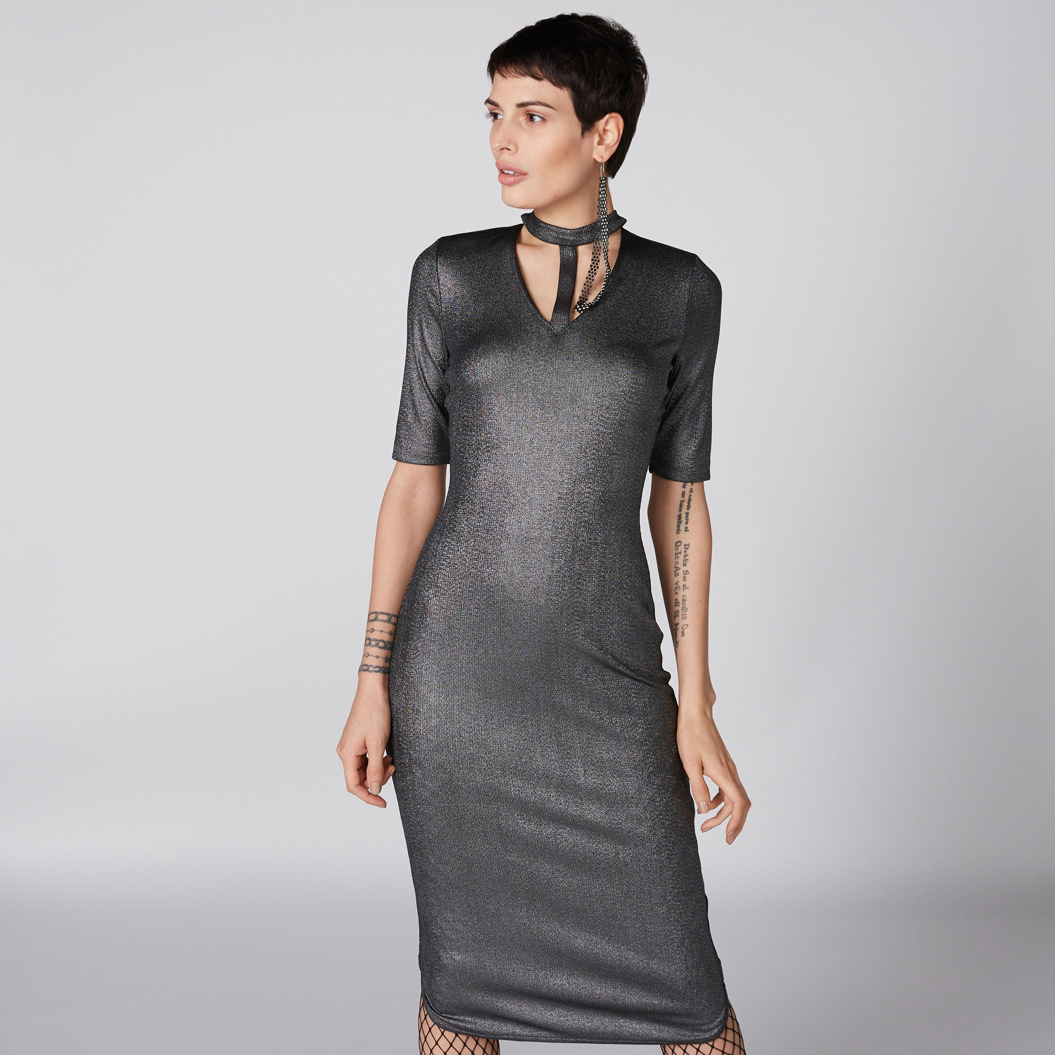 فستان متوسط الطول بارز الملمس بأكمام قصيرة وياقة طوق-women-clothing-dresses-image-3