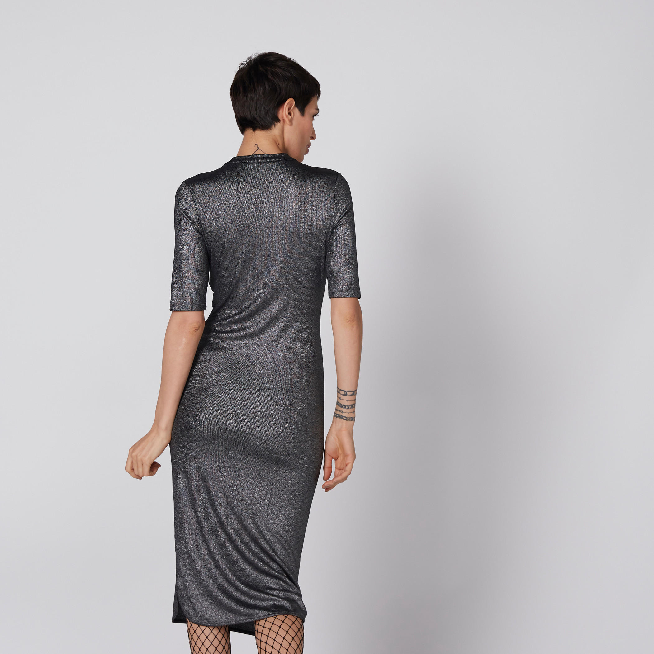 فستان متوسط الطول بارز الملمس بأكمام قصيرة وياقة طوق-women-clothing-dresses-image-4