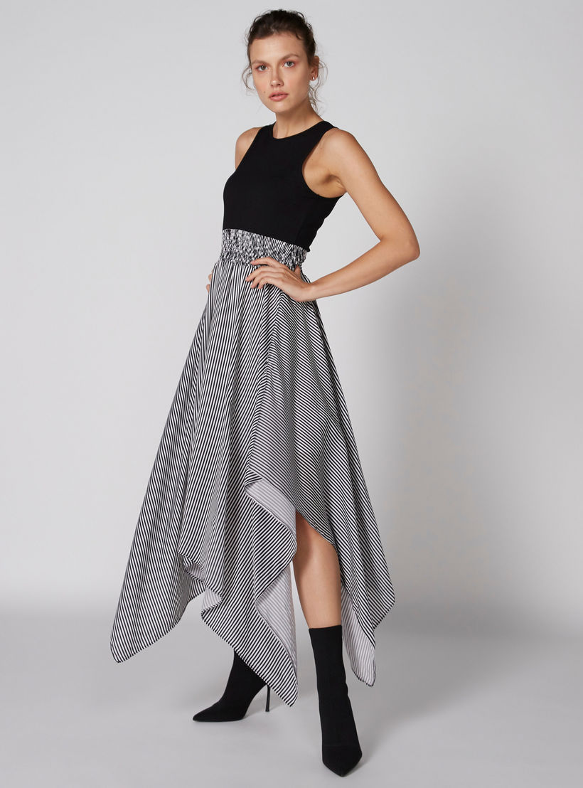 فستان ميدي مقلم دون أكمام بياقة مستديرة وحواف غير مستوية-women-clothing-dresses-image-1