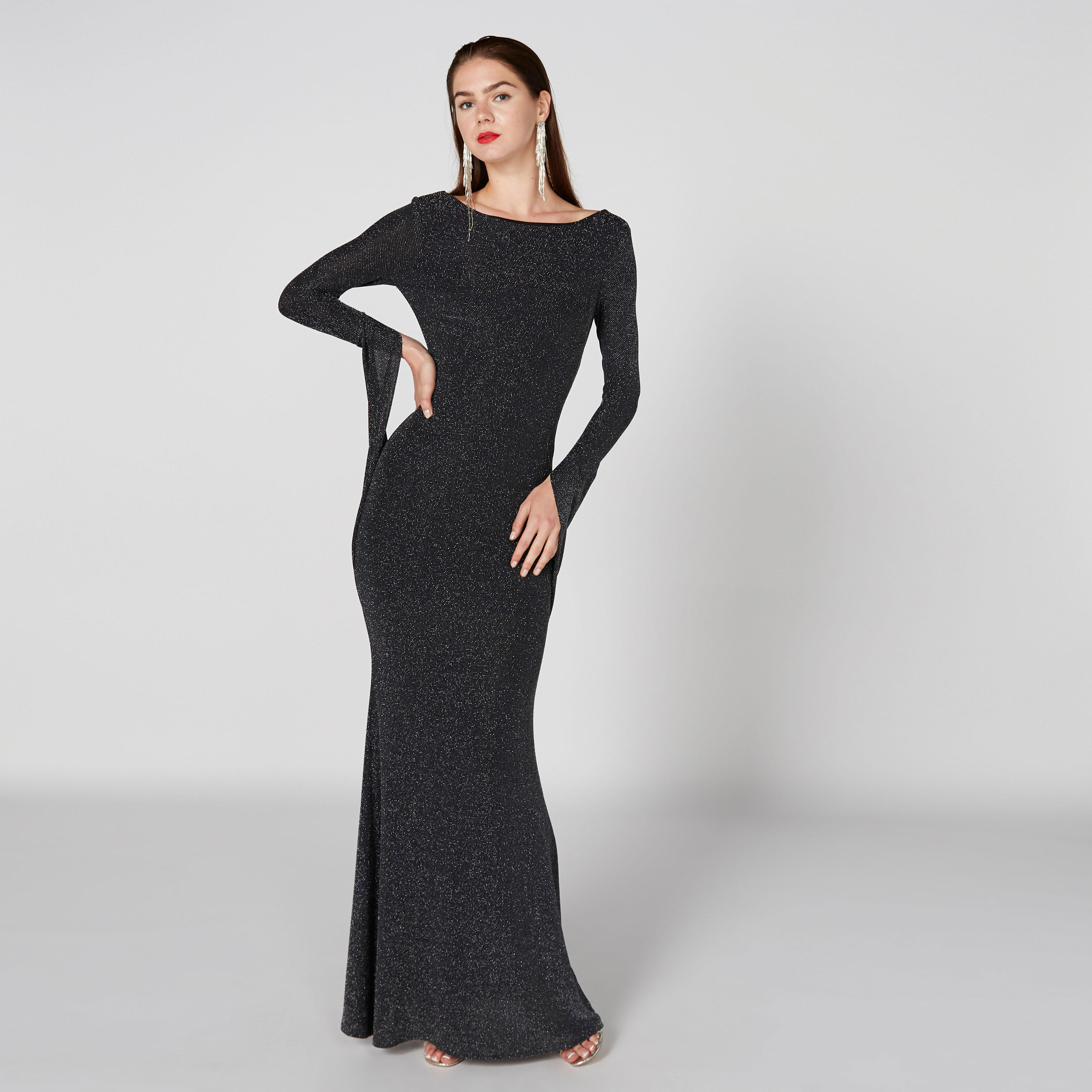 فستان طويل بارز الملمس بأكمام طويلة وياقة قارب-women-clothing-dresses-image-1