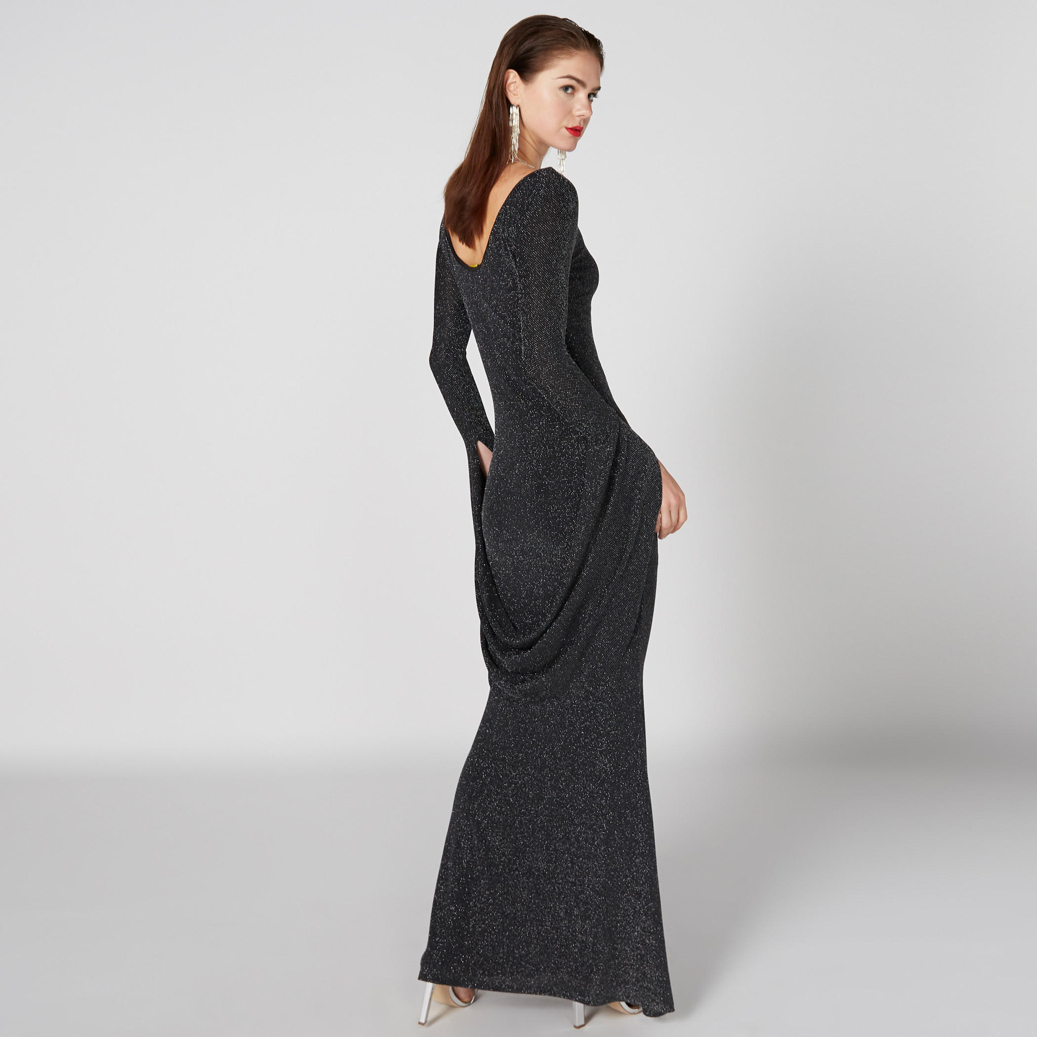 فستان طويل بارز الملمس بأكمام طويلة وياقة قارب-women-clothing-dresses-image-2