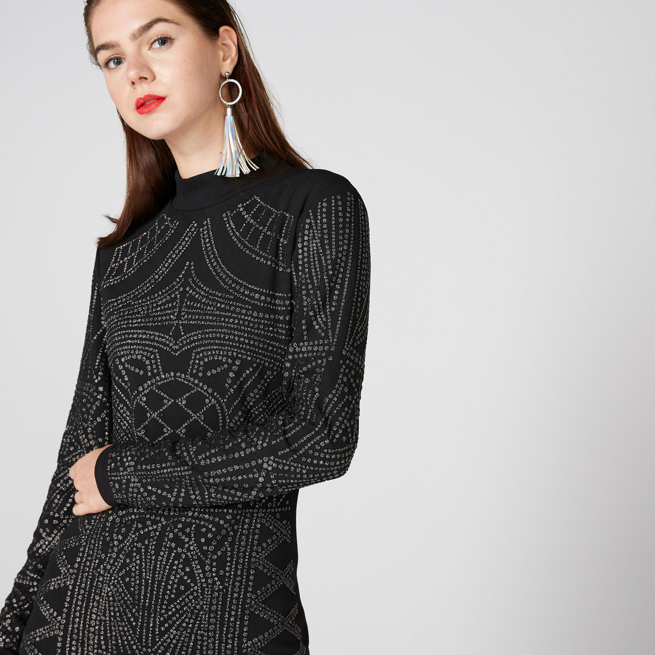 Textured Midi Dress with High Neck and Long Sleeves-women-clothing-dresses-image-1