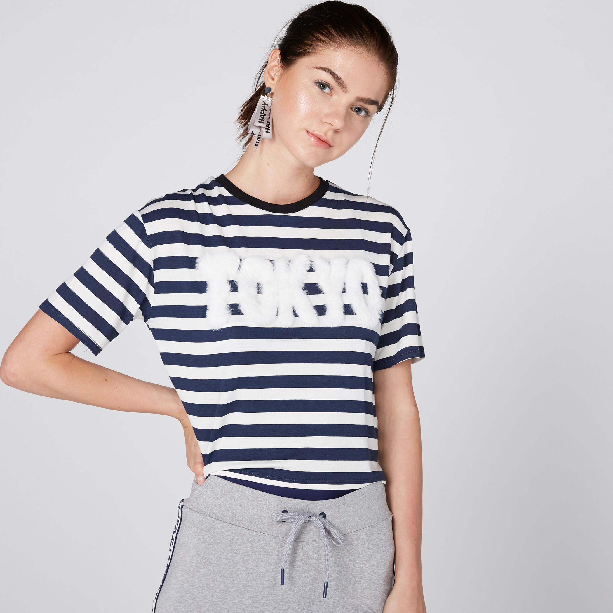 Striped Plush Detail Crop Top with Round Neck and Short Sleeves-women-clothing-tshirts-image-1