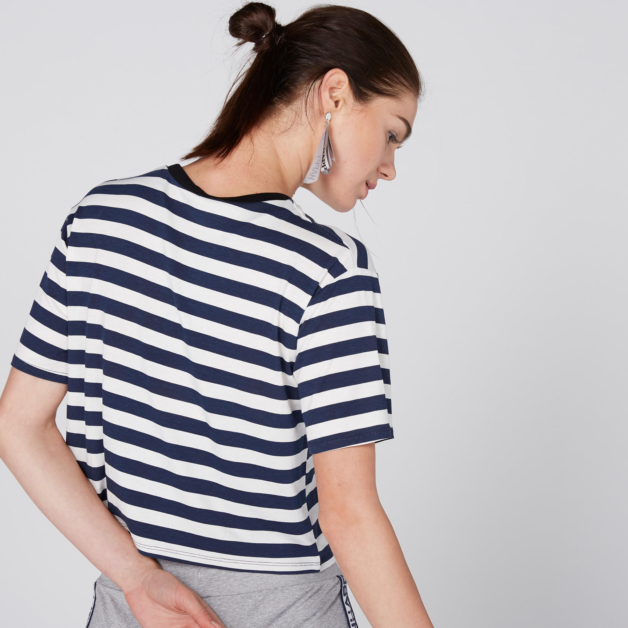 Striped Plush Detail Crop Top with Round Neck and Short Sleeves-women-clothing-tshirts-image-2