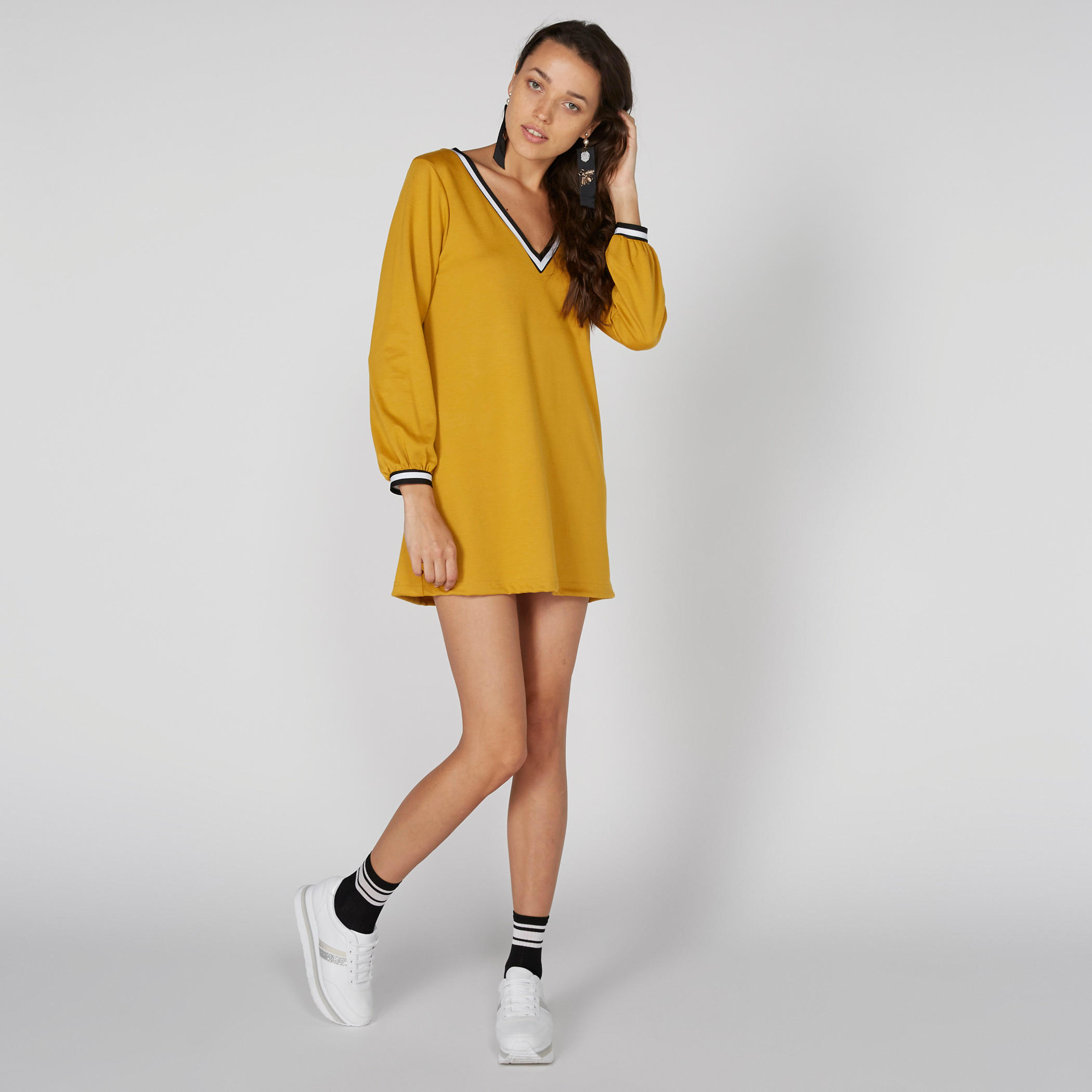 V-Neck Shift Dress with Long Sleeves-women-clothing-dresses-image-1