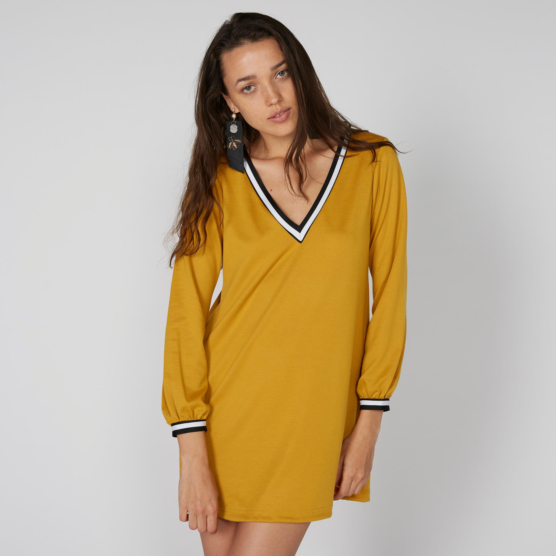 V-Neck Shift Dress with Long Sleeves-women-clothing-dresses-image-3