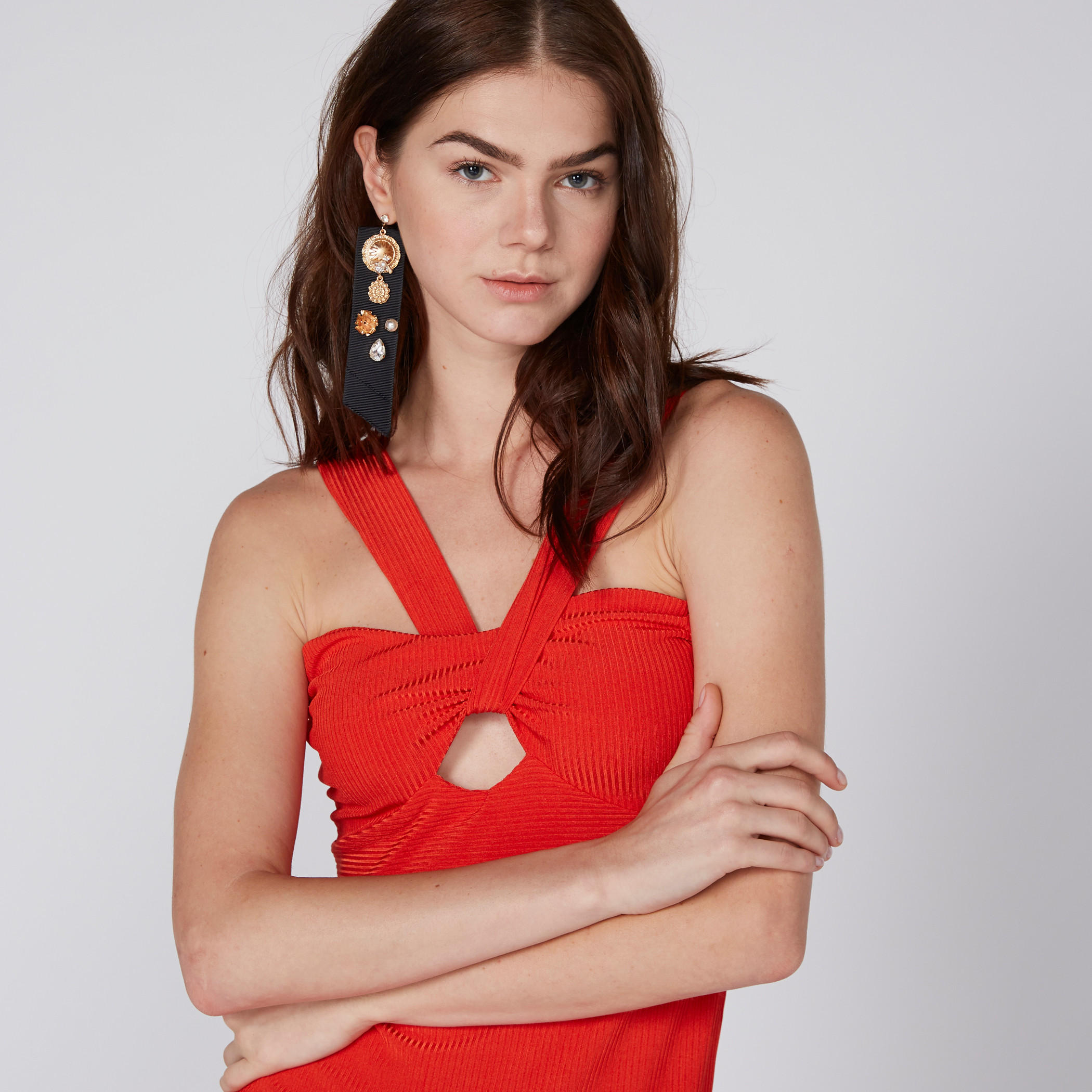 فستان مضلّع بياقة هالتر وفتحة-women-clothing-dresses-image-1