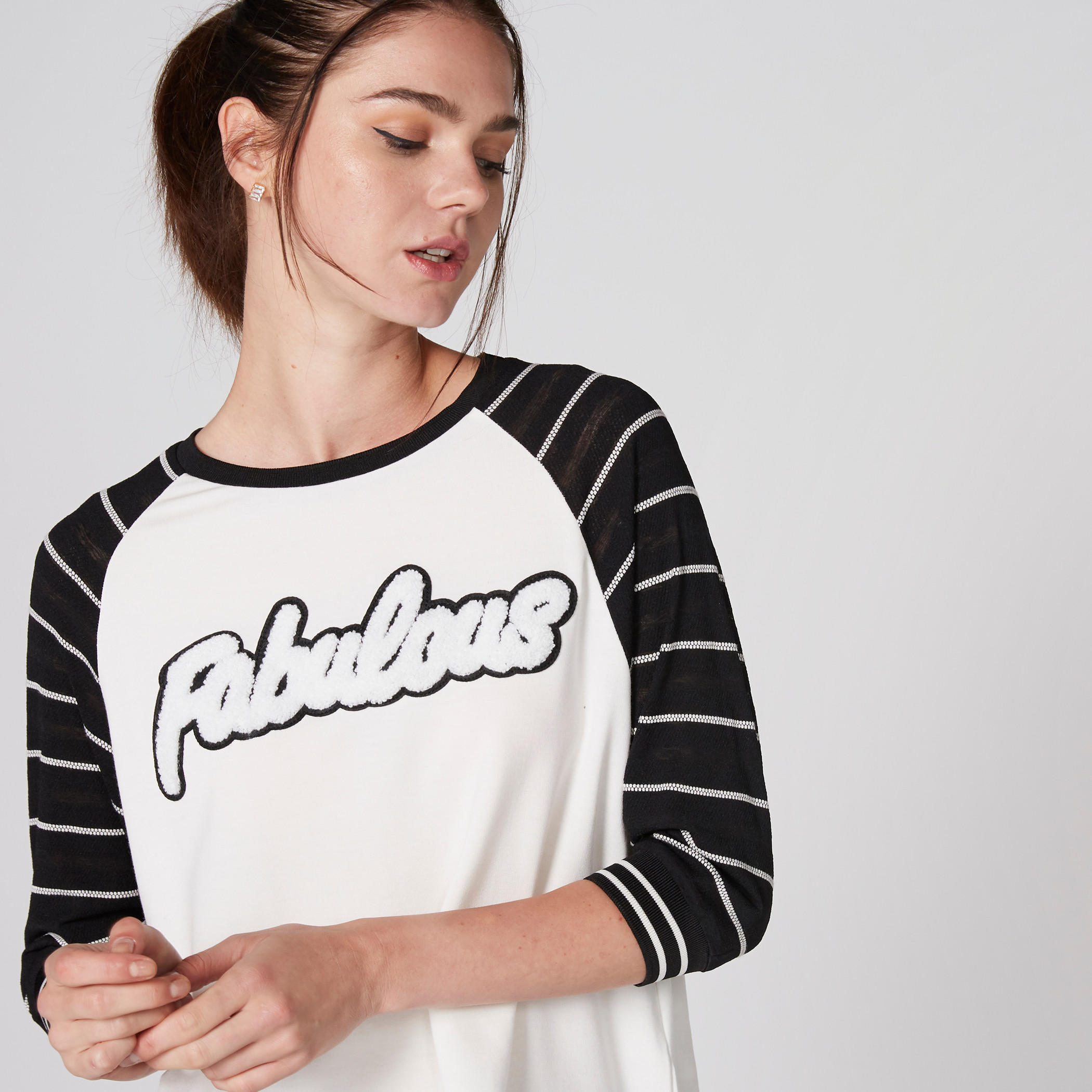 Textured T-Shirt with Stripes and 3/4 Raglan Sleeves-women-clothing-tshirts-image-4