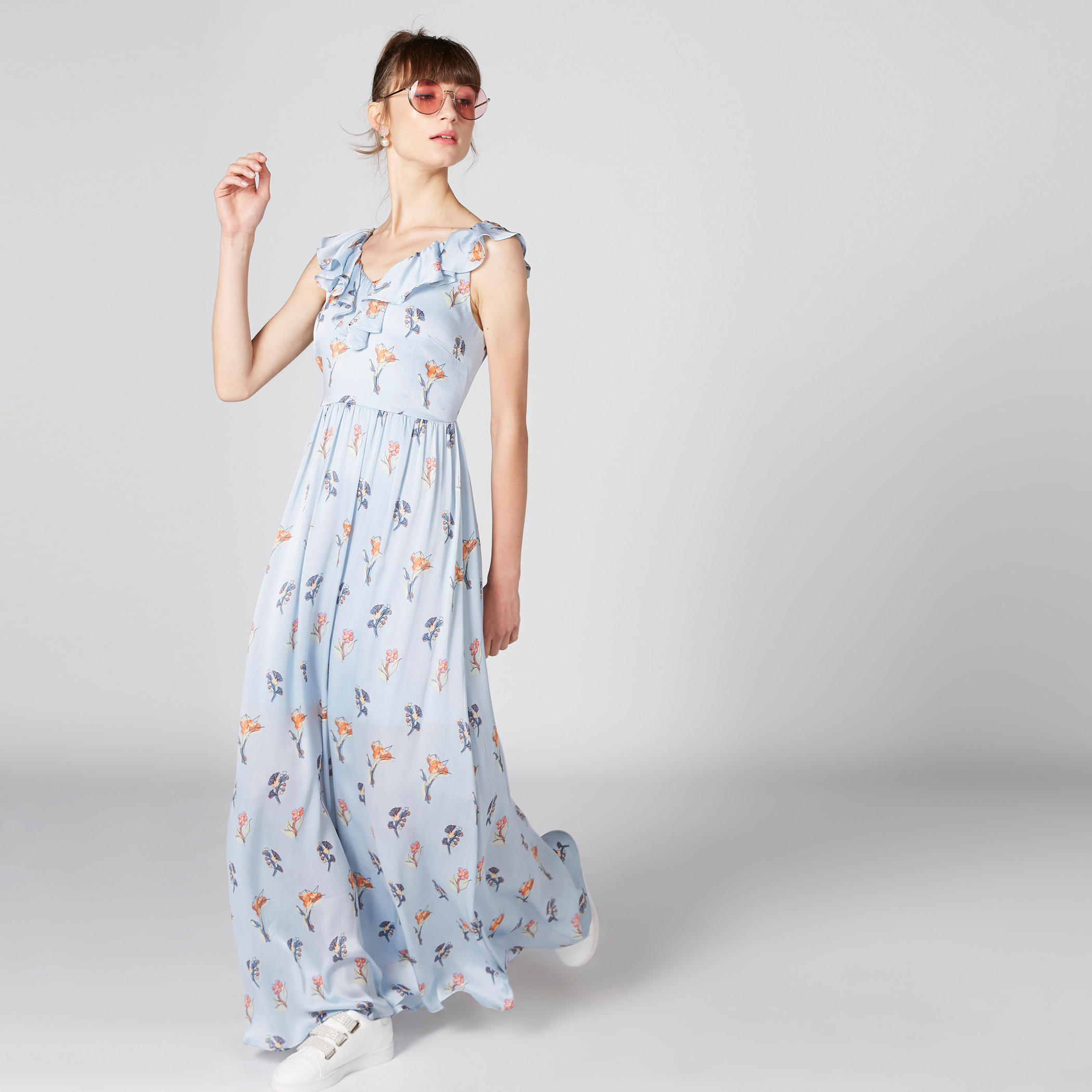 فستان طويل دون أكمام بتفاصيل كشكش وطبعات-women-clothing-dresses-image-1