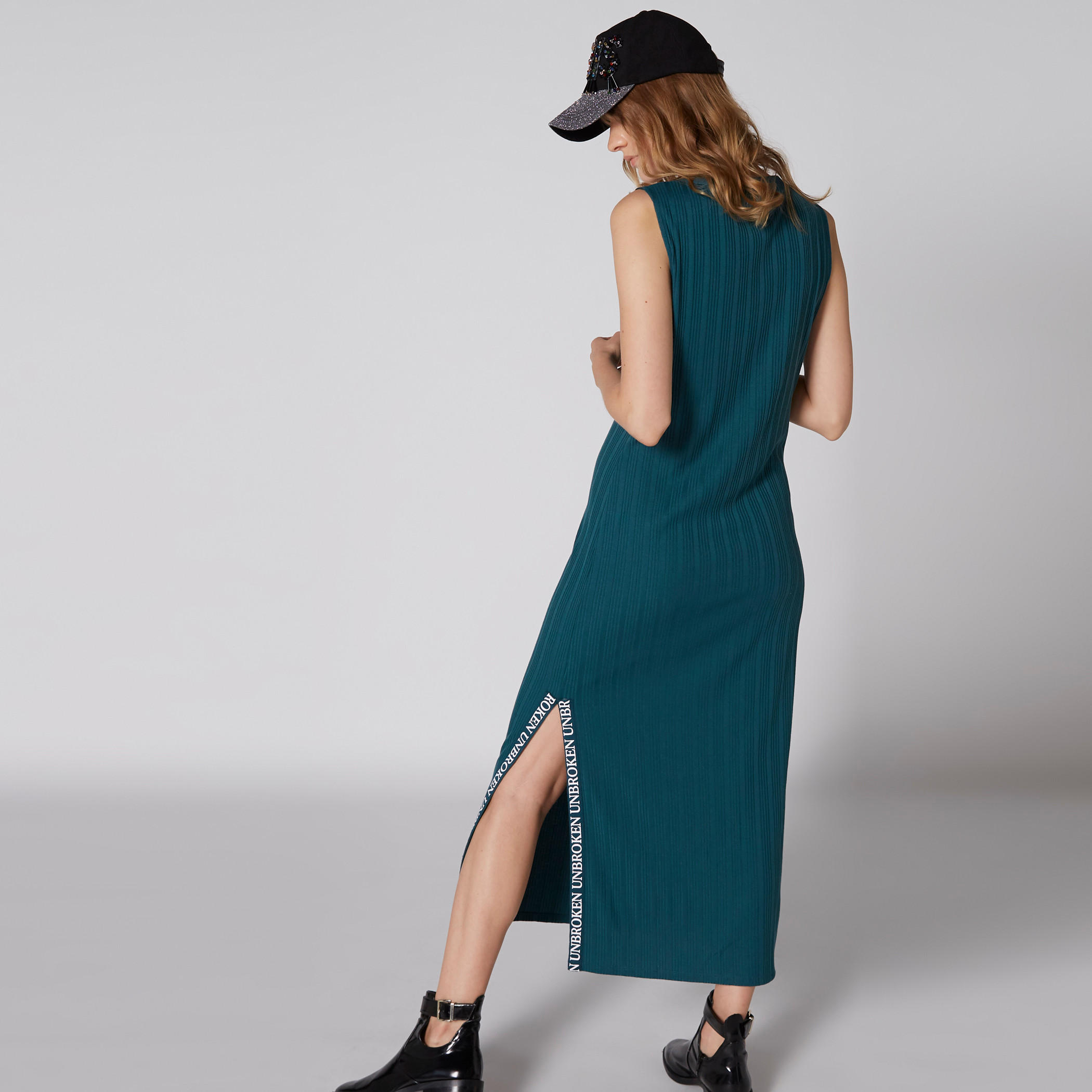 Ribbed Sleeveless Dress with V-Neck and Tape Detail-women-clothing-dresses-image-2