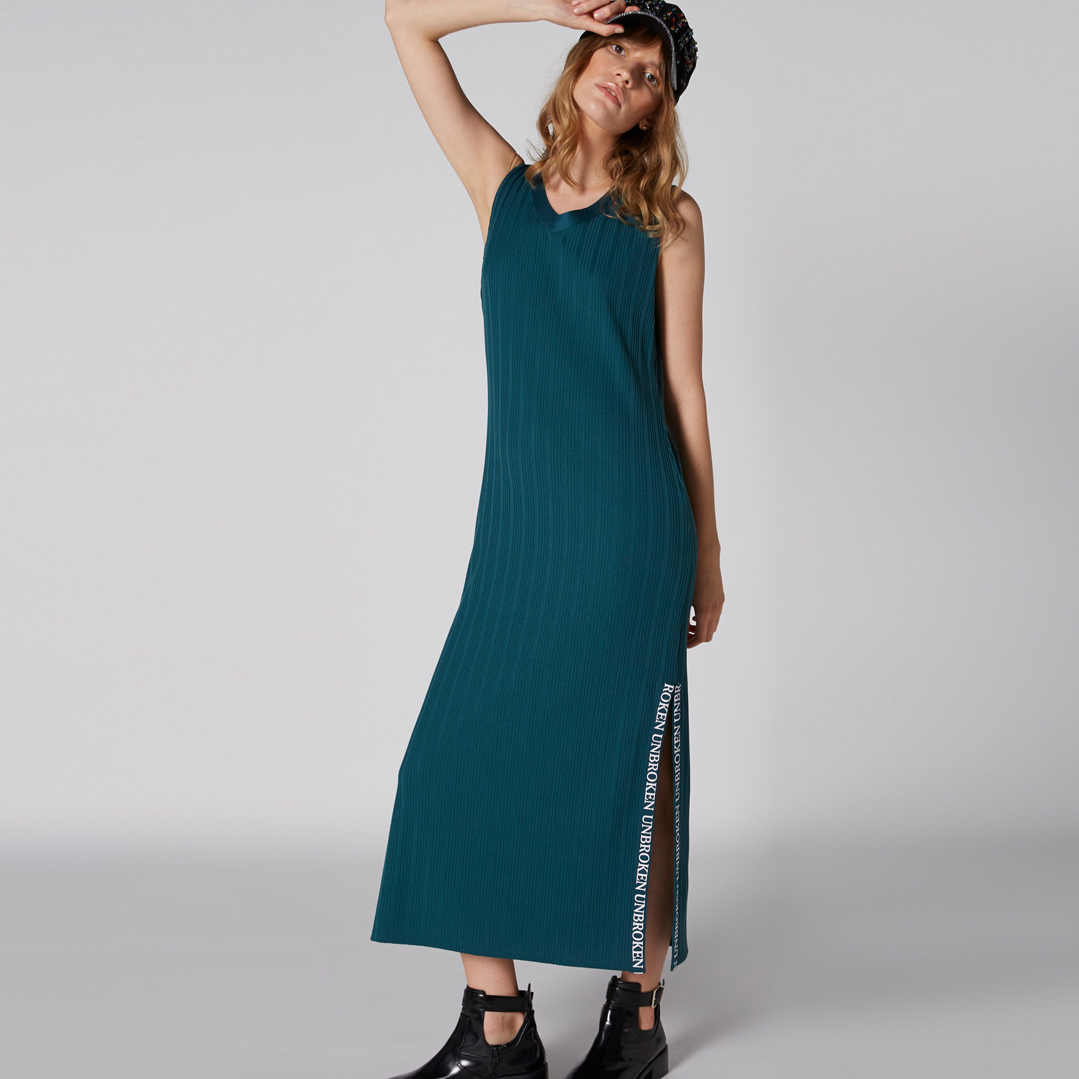 Ribbed Sleeveless Dress with V-Neck and Tape Detail-women-clothing-dresses-image-3