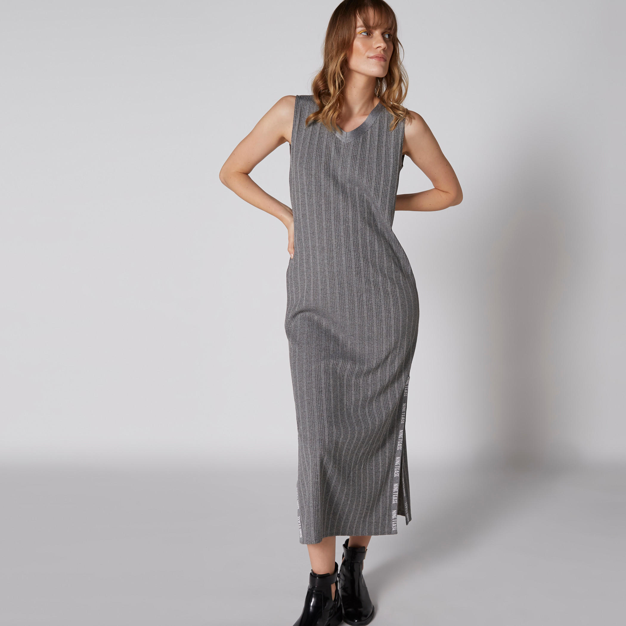 Ribbed Sleeveless Dress with V-Neck and Tape Detail-women-clothing-dresses-image-5