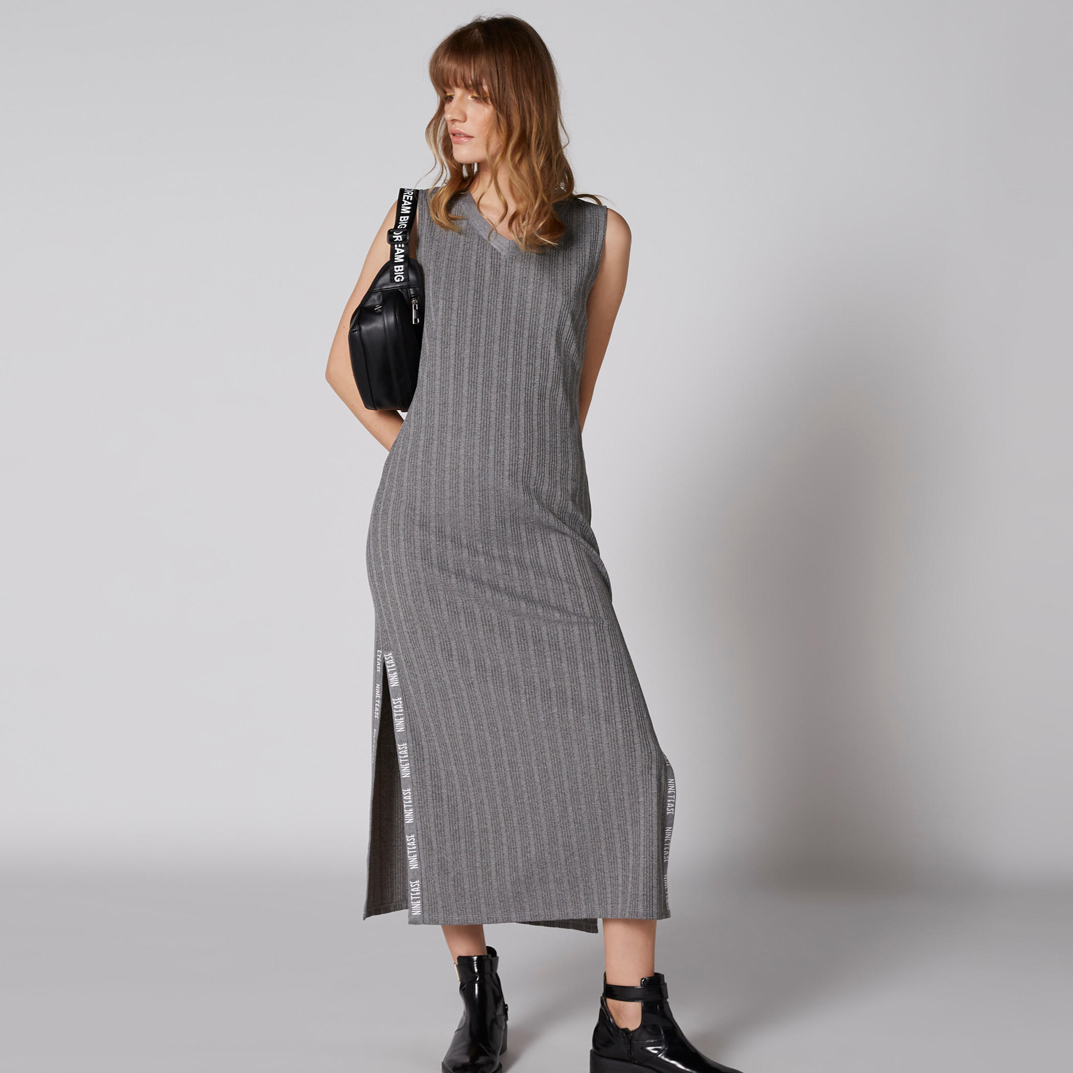 Ribbed Sleeveless Dress with V-Neck and Tape Detail-women-clothing-dresses-image-7