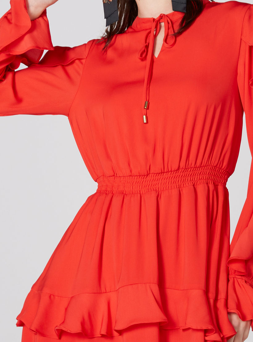 فستان قصير بأكمام طويلة وأربطة وتفاصيل كشكش-women-clothing-dresses-image-5