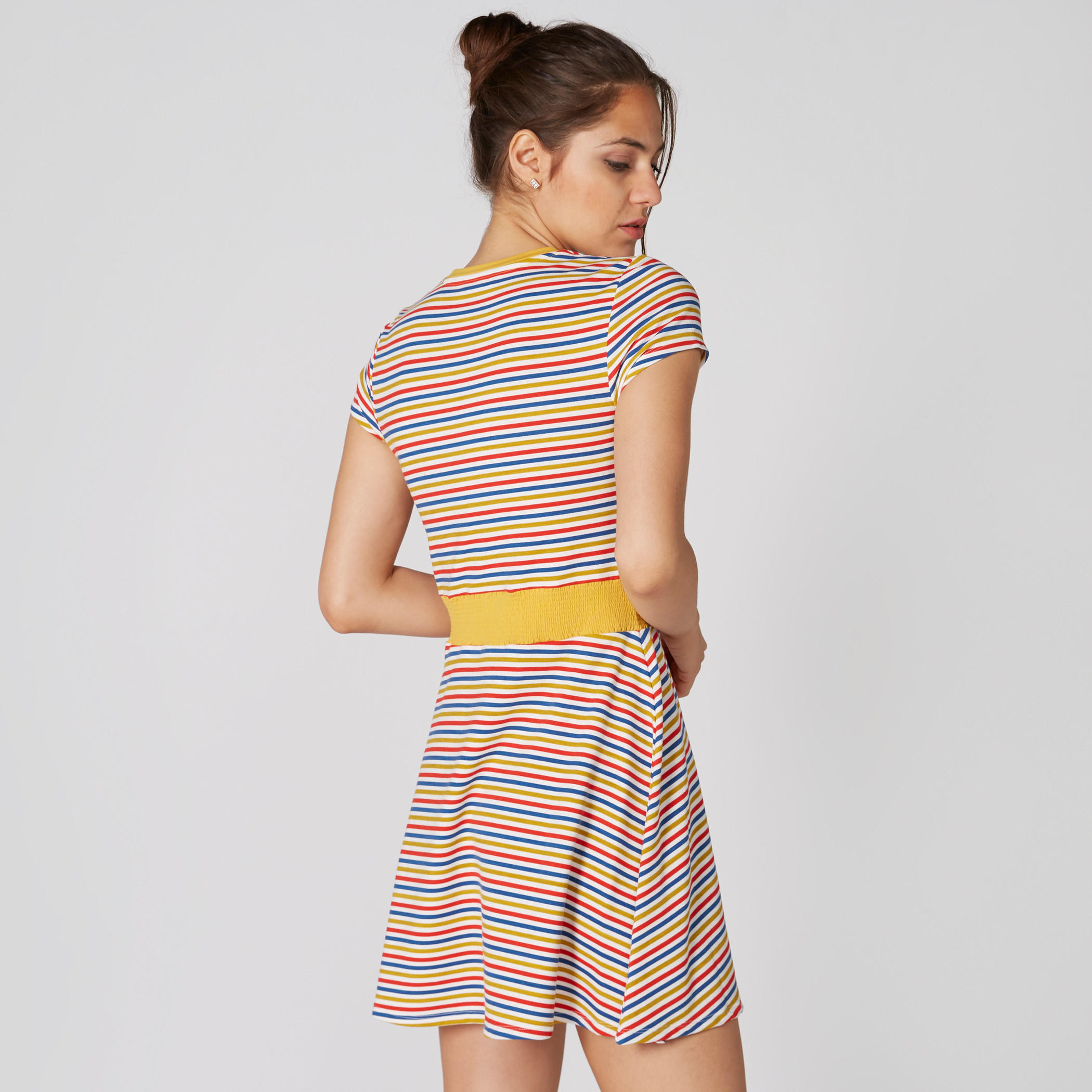 فستان قصير مقلم بياقة مستديرة وأكمام قصيرة-women-clothing-dresses-image-2