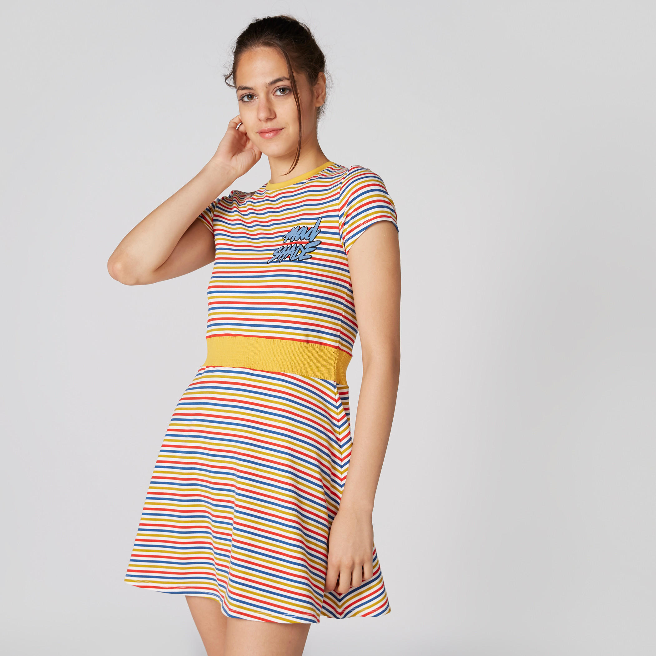 فستان قصير مقلم بياقة مستديرة وأكمام قصيرة-women-clothing-dresses-image-3