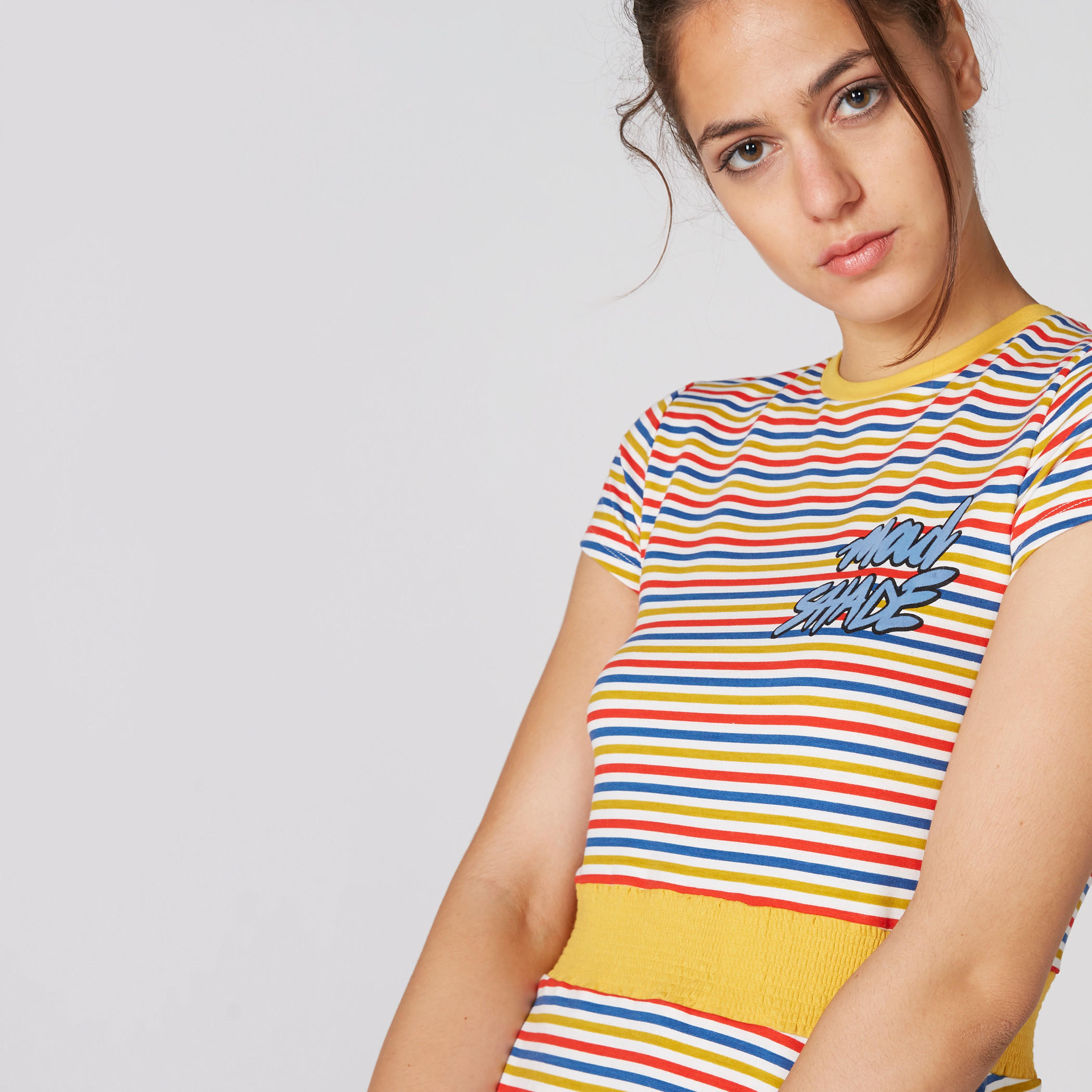 فستان قصير مقلم بياقة مستديرة وأكمام قصيرة-women-clothing-dresses-image-4