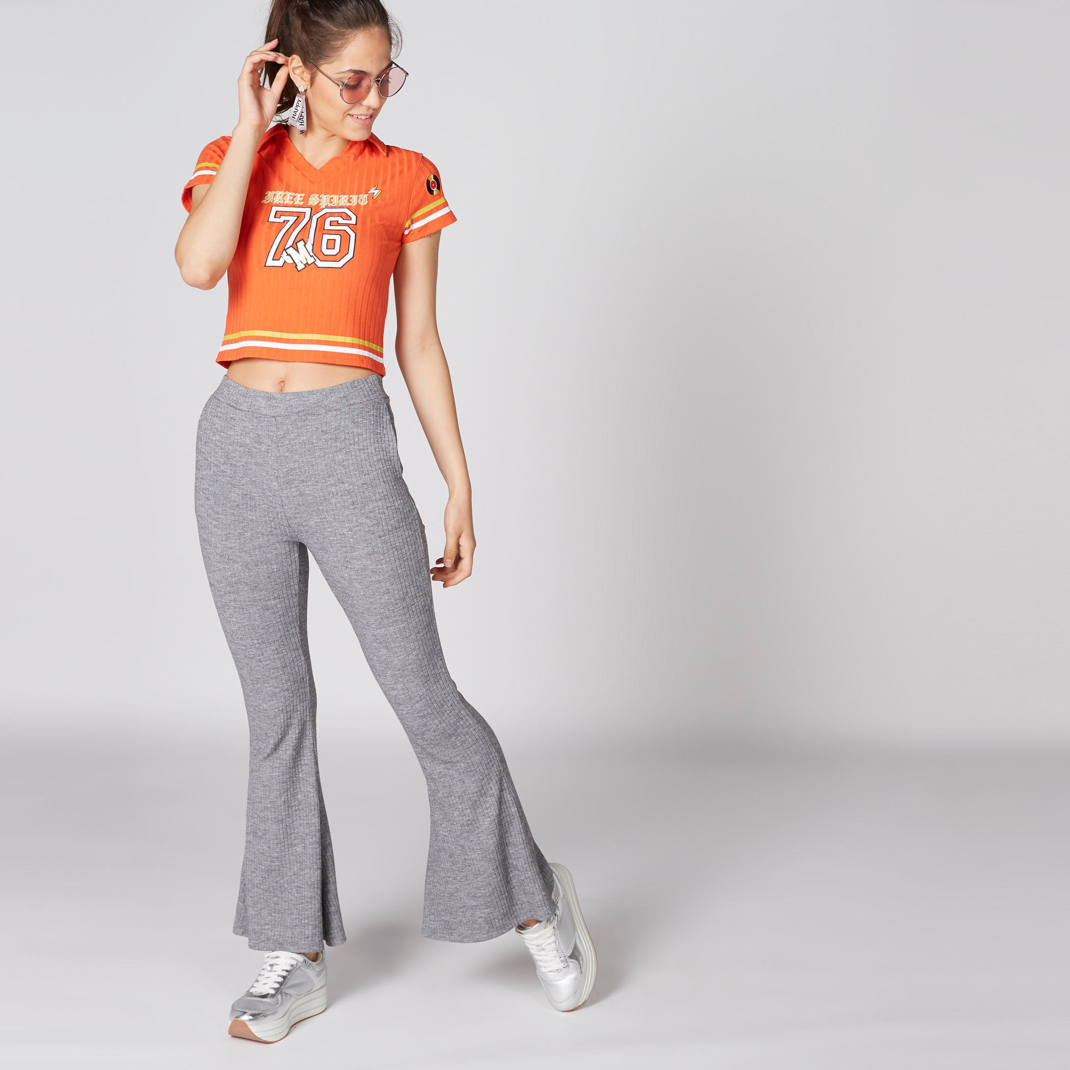 Ribbed Flared Pants with Elasticised Waistband-women-clothing-bottoms-trousers-image-1