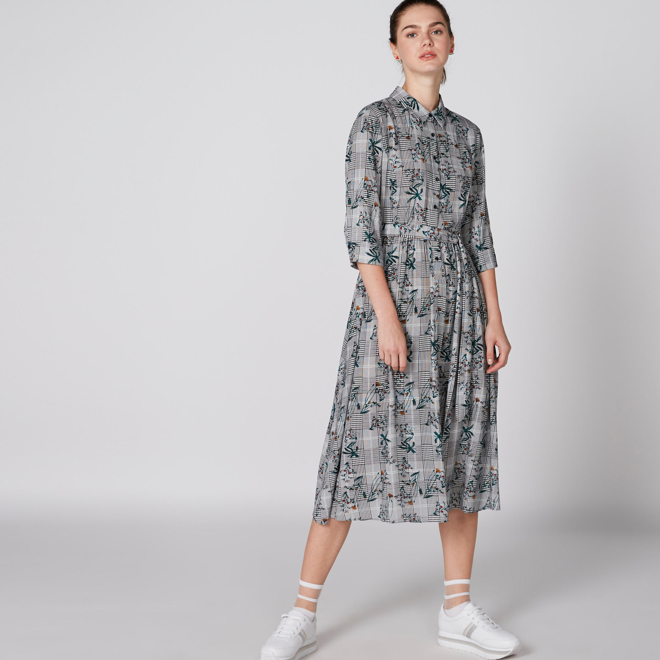 فستان متوسط الطول بأكمام 3/4 وحزام رباط وطبعات-women-clothing-dresses-image-1