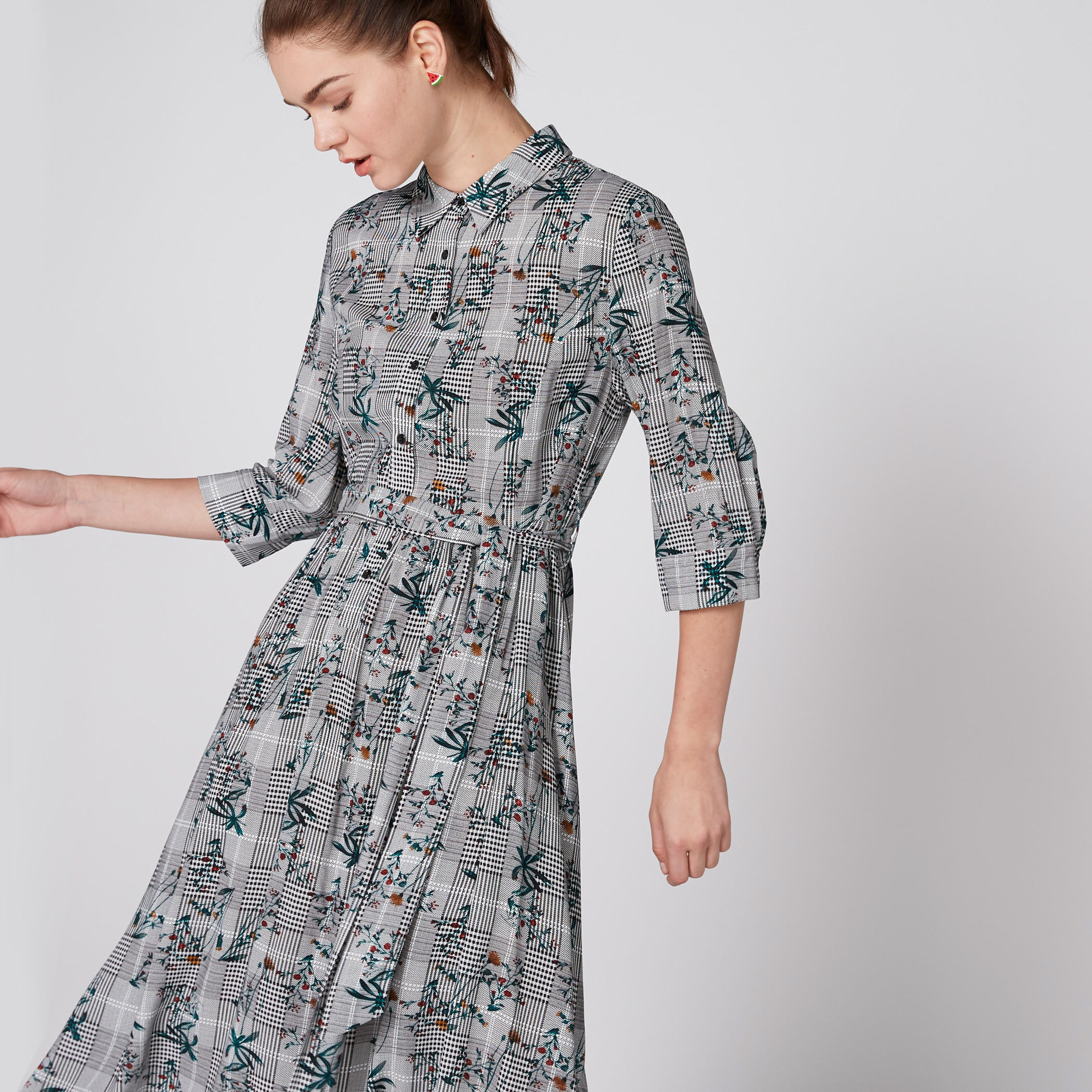 فستان متوسط الطول بأكمام 3/4 وحزام رباط وطبعات-women-clothing-dresses-image-2