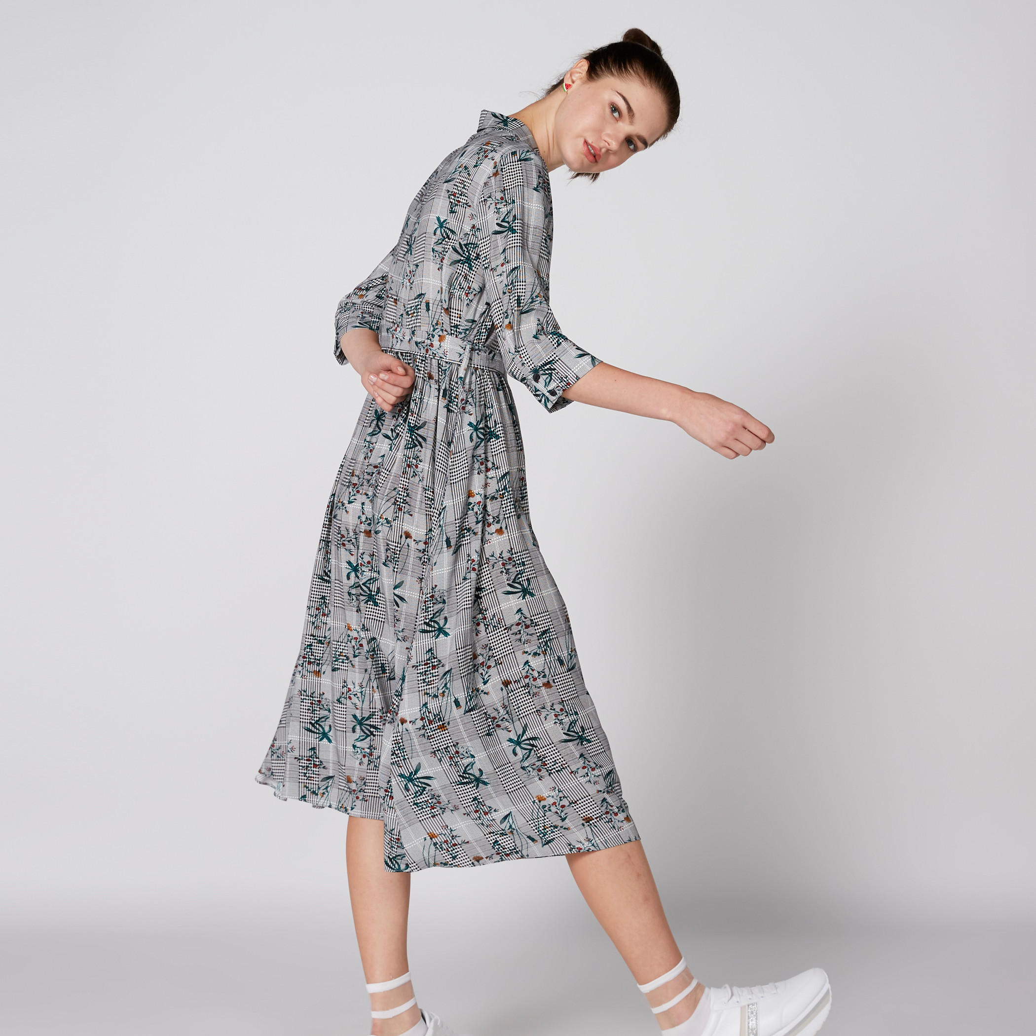 فستان متوسط الطول بأكمام 3/4 وحزام رباط وطبعات-women-clothing-dresses-image-3
