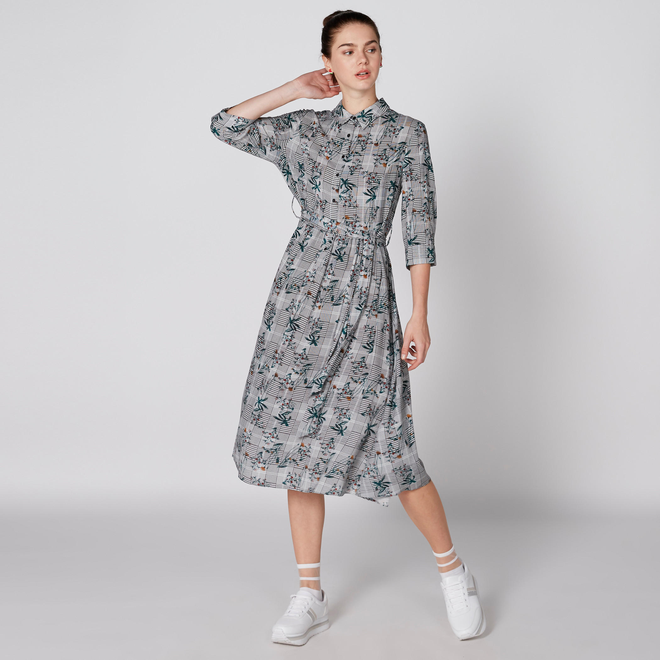 فستان متوسط الطول بأكمام 3/4 وحزام رباط وطبعات-women-clothing-dresses-image-4