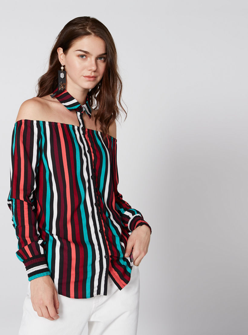 بلوزة مقلّمة بياقة طوق وأكمام طويلة وأزرار-women-clothing-shirtsandblouses-blouses-image-2