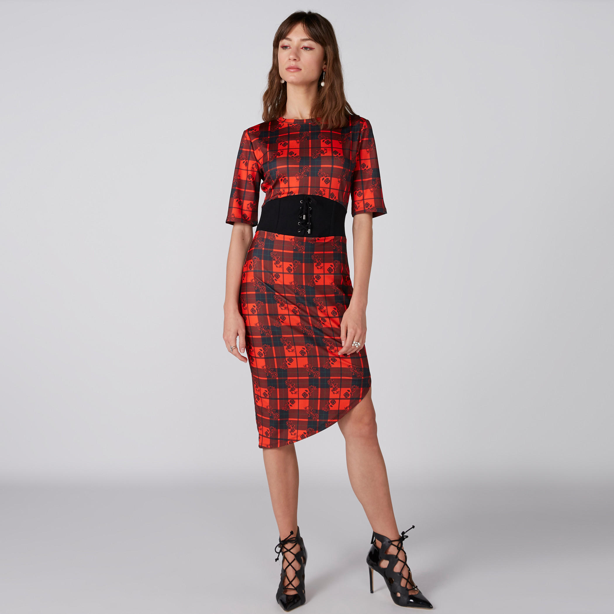 فستان كاروهات متوسط الطول بياقة مستديرة وحوّاف غير مستوية-women-clothing-dresses-image-1
