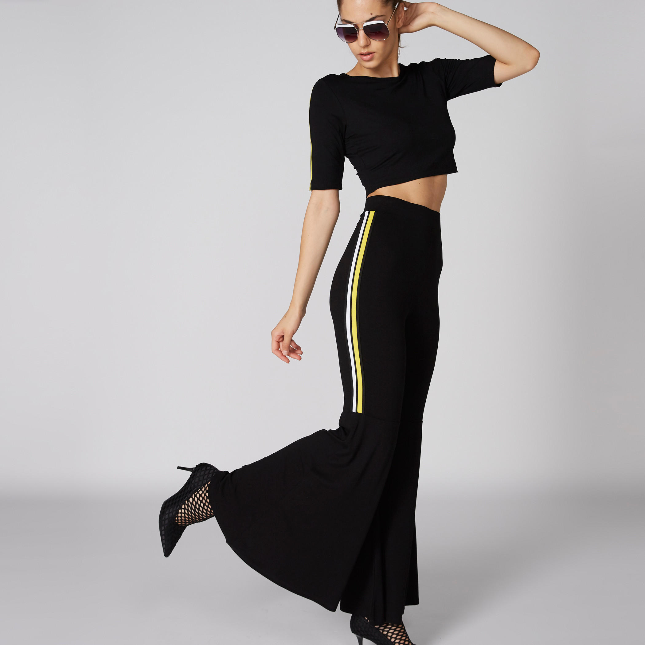 Full Length Flared Pants with Elasticised Waistband and Tape Detail-women-clothing-bottoms-trousers-image-1