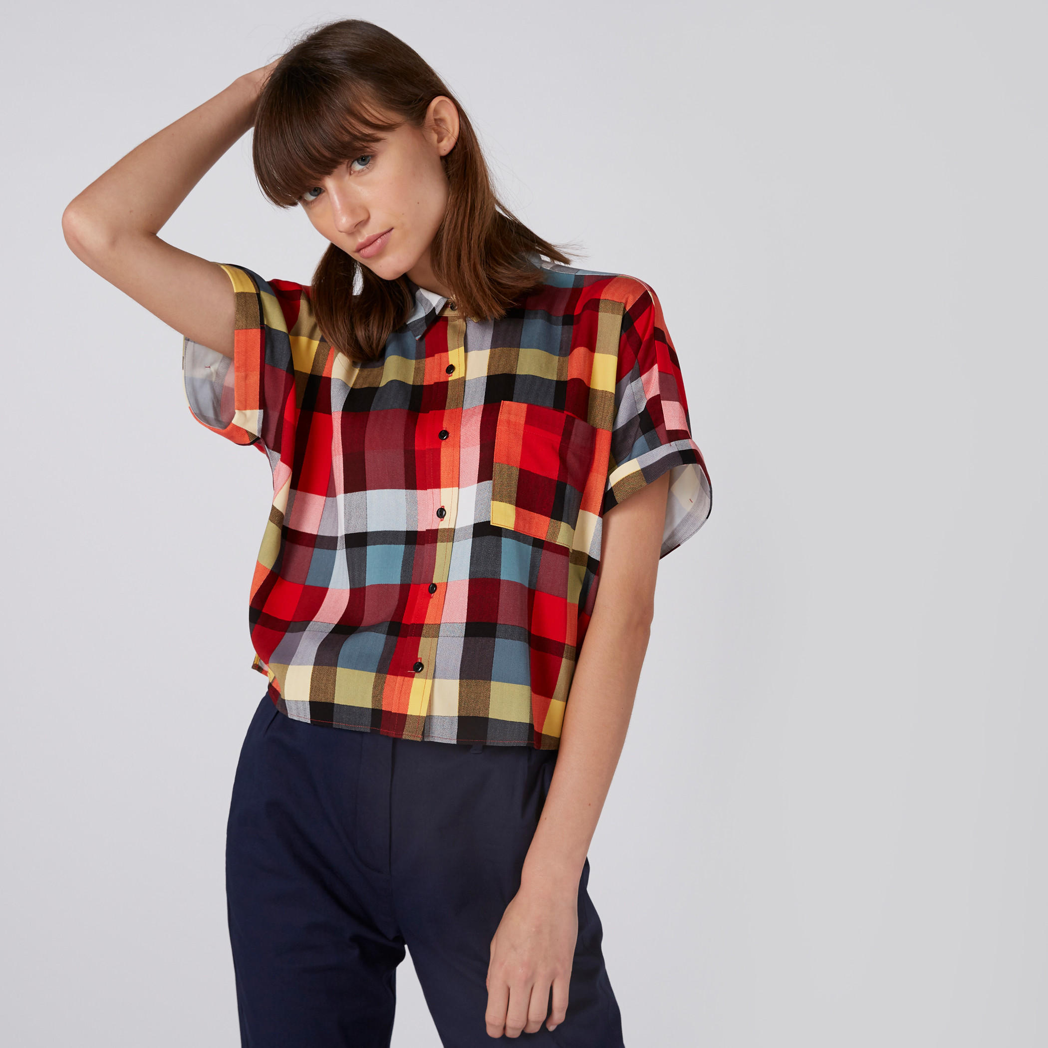 Chequered Shirt with Short Sleeves and Complete Placket-women-clothing-shirtsandblouses-shirts-image-1