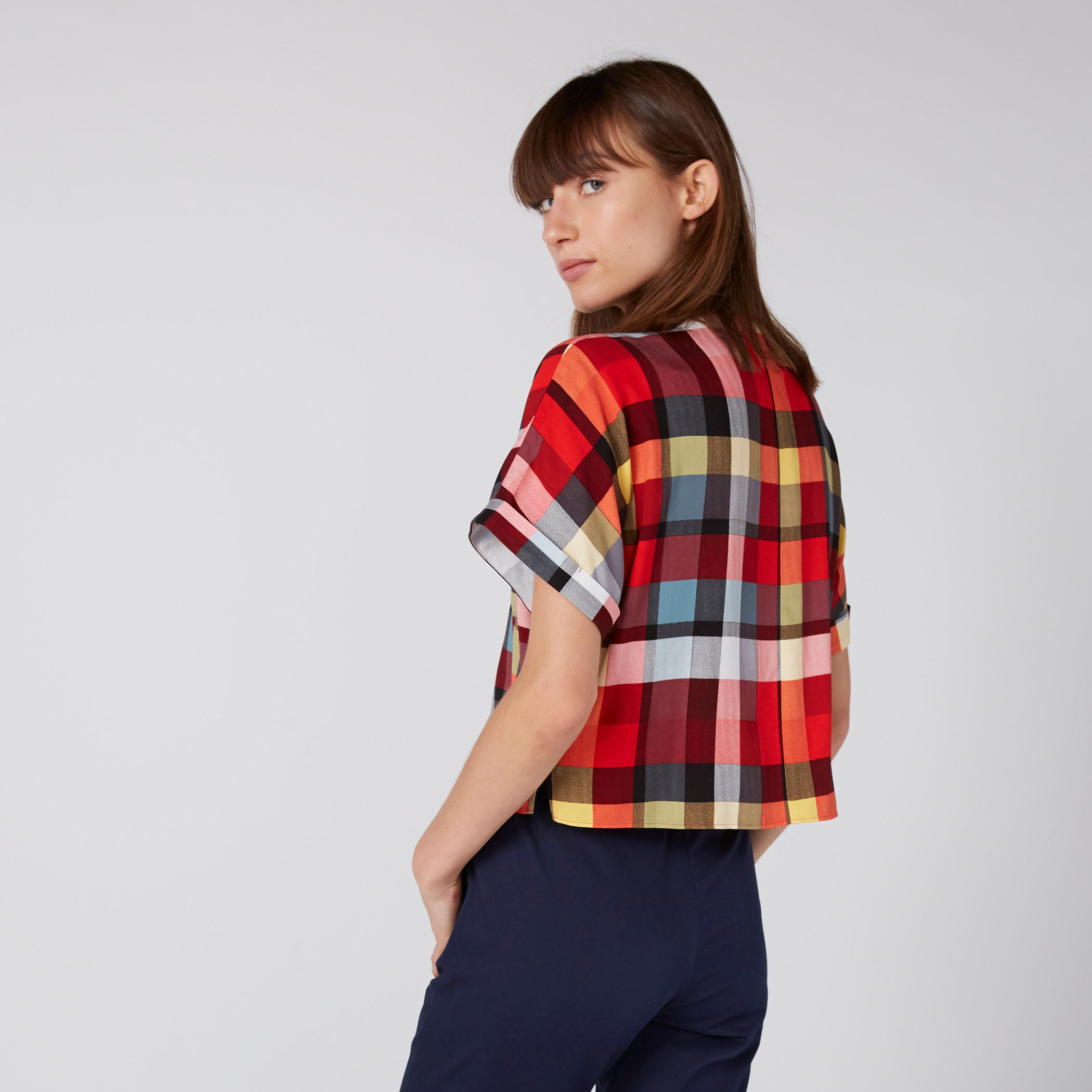 Chequered Shirt with Short Sleeves and Complete Placket-women-clothing-shirtsandblouses-shirts-image-2