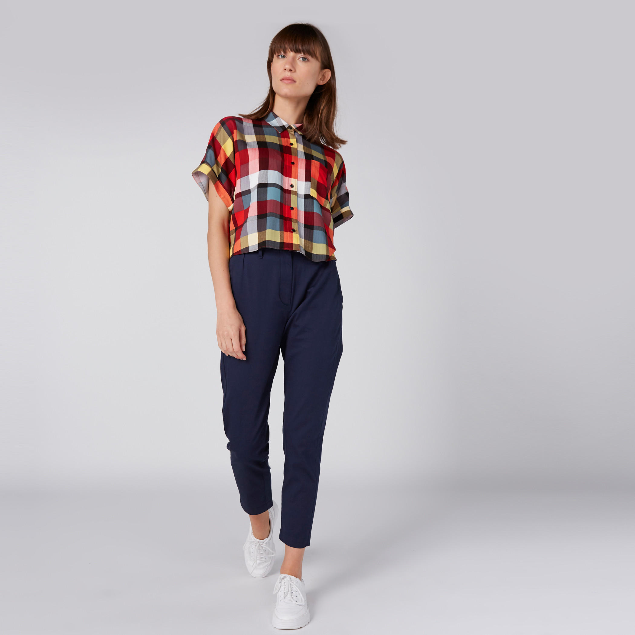 Chequered Shirt with Short Sleeves and Complete Placket-women-clothing-shirtsandblouses-shirts-image-4