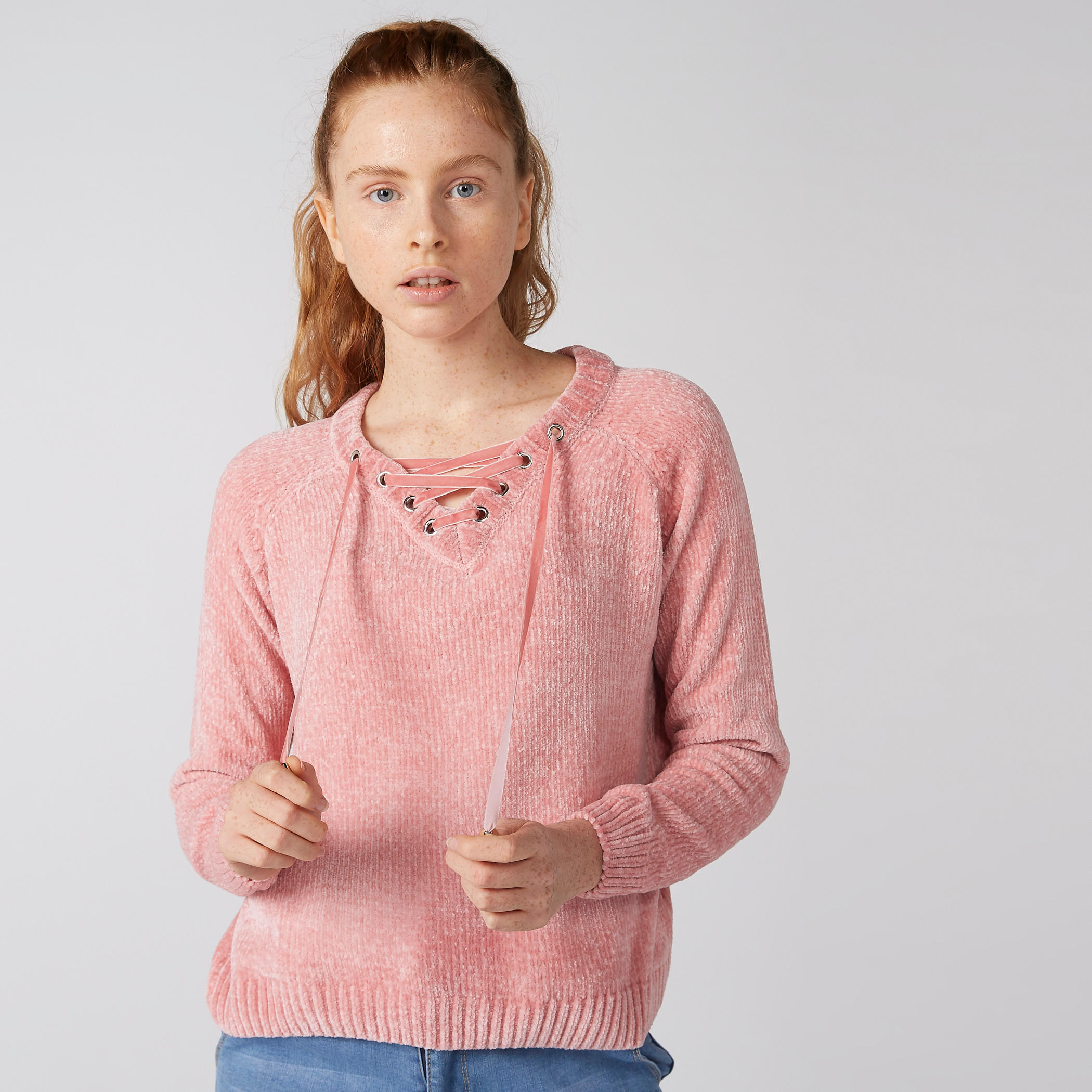 Textured Sweatshirt with Raglan Sleeves and Eyelet Detail-women-winterwear-hoodiesandsweatshirts-sweatshirts-image-1