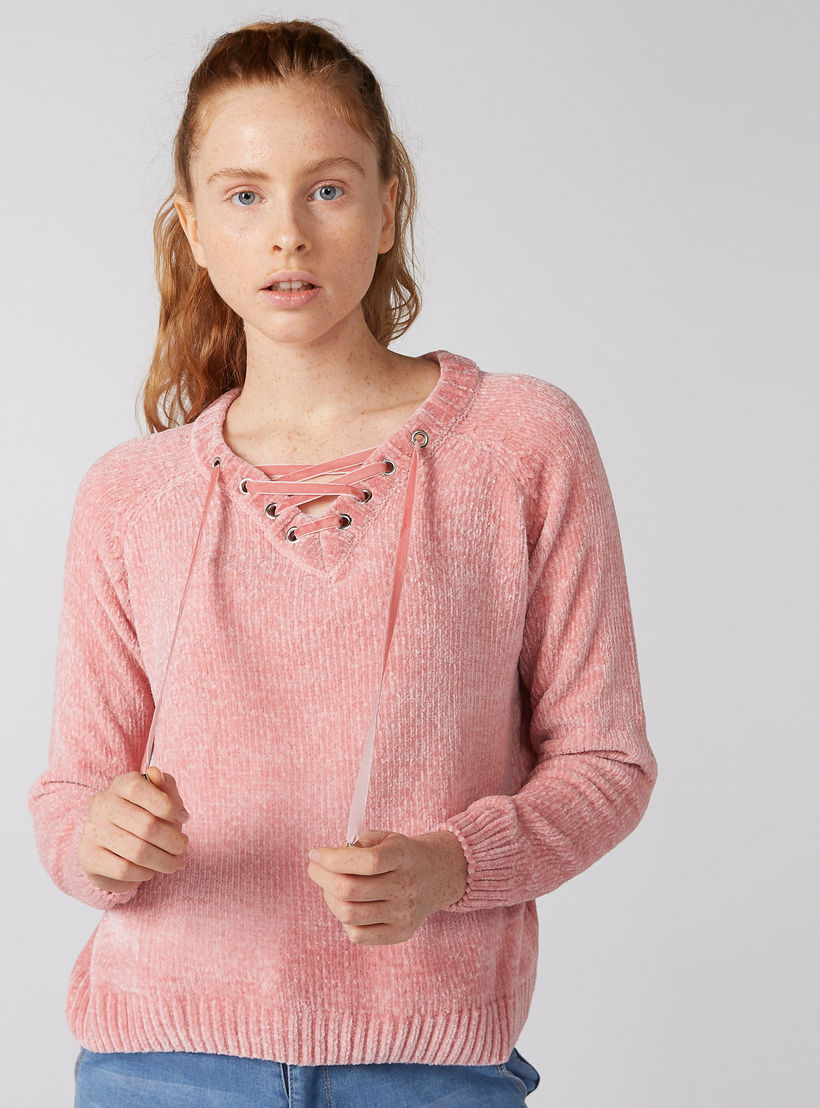 Textured Sweatshirt with Raglan Sleeves and Eyelet Detail-women-winterwear-hoodiesandsweatshirts-sweatshirts-image-1