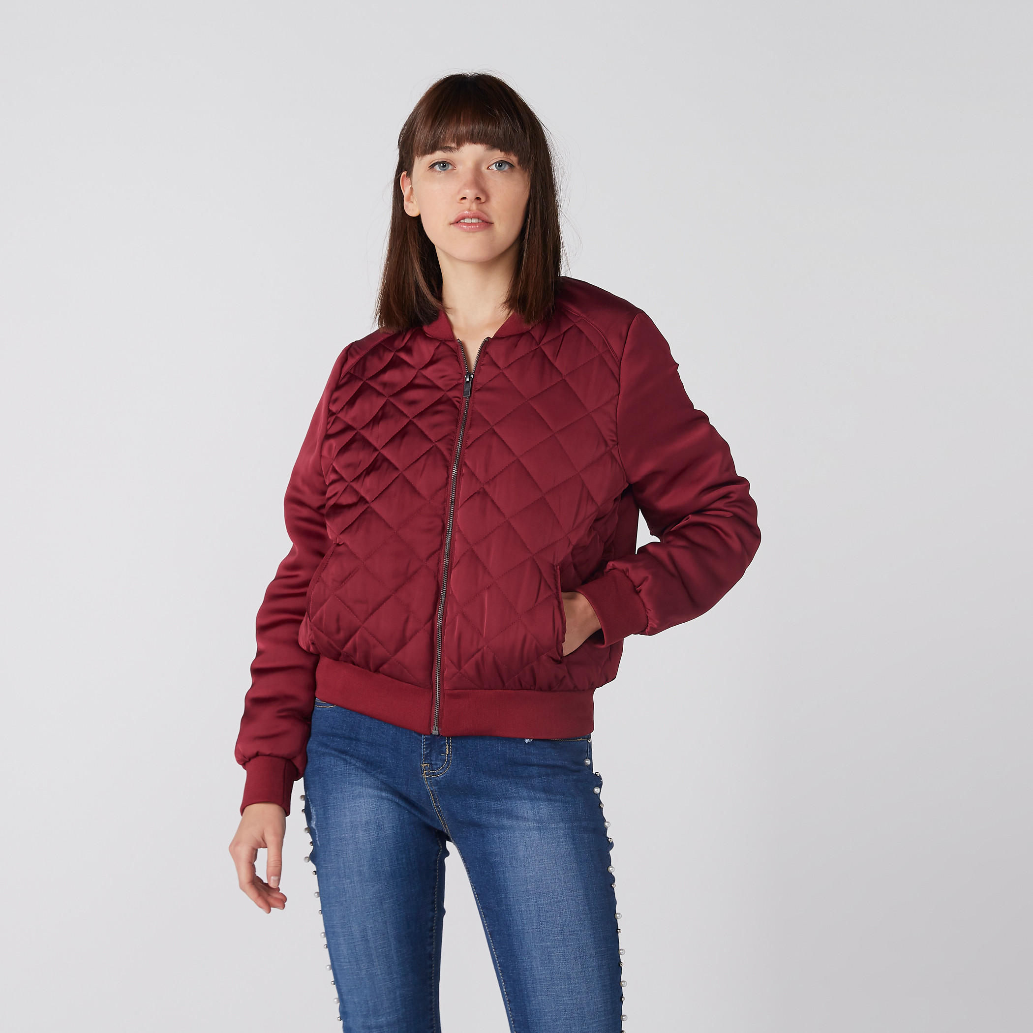 Textured Bomber Jacket with Long Sleeves and Zip Closure-women-winterwear-coatsandjackets-jackets-image-1