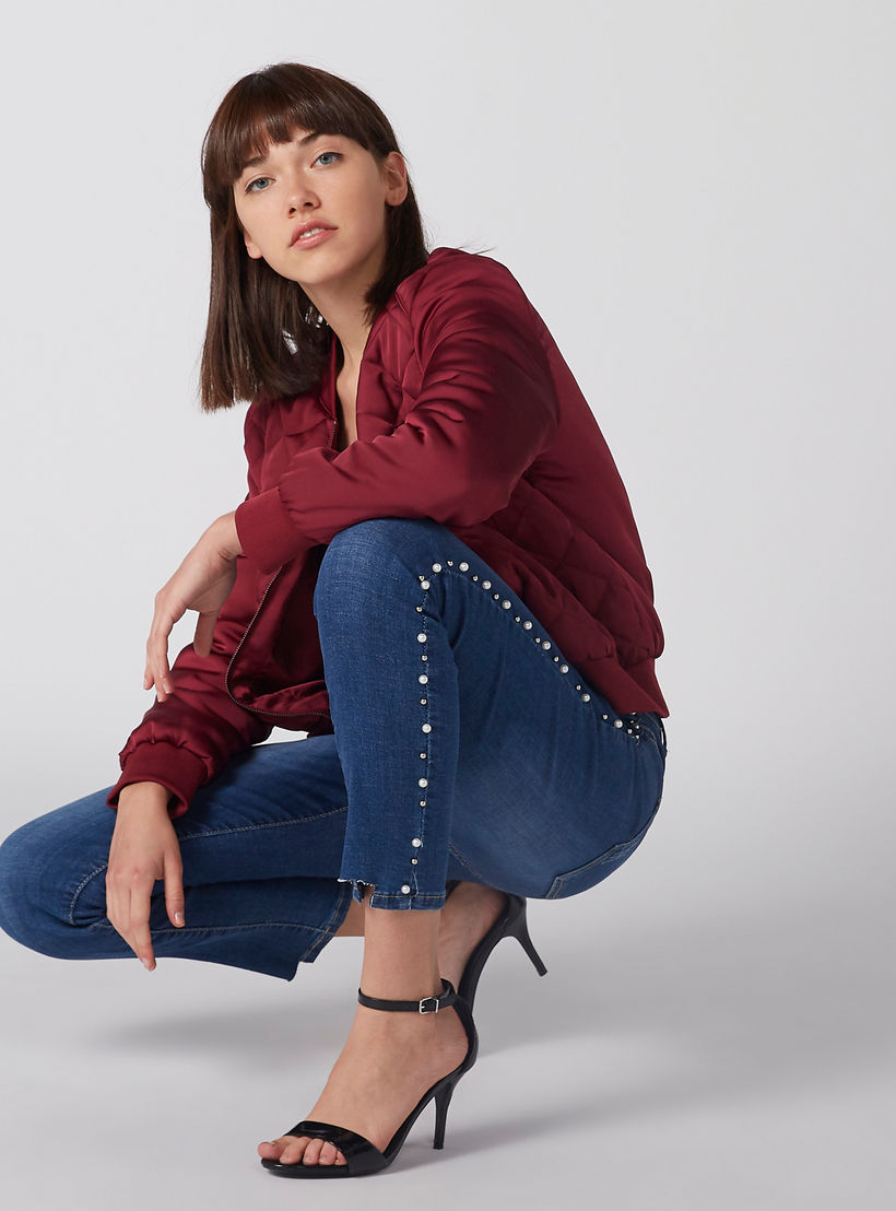 Textured Bomber Jacket with Long Sleeves and Zip Closure-women-winterwear-coatsandjackets-jackets-image-4
