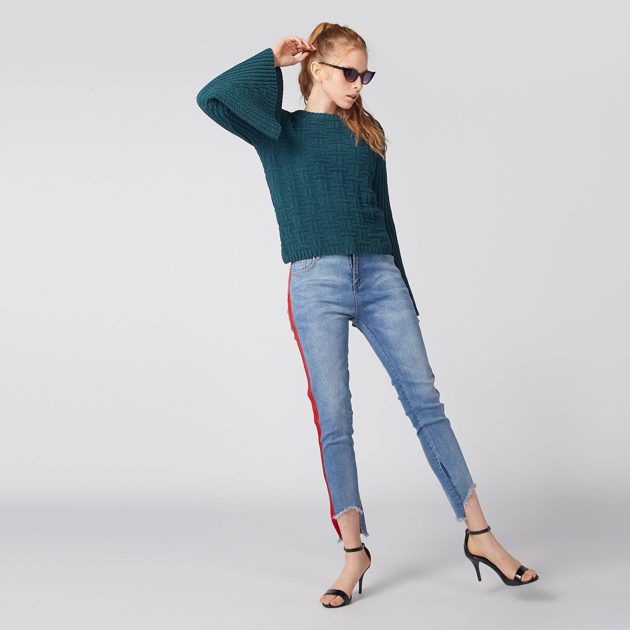 Textured Sweater with Round Neck and Flared Sleeves-women-clothing-cardigansandjumpers-jumpers-image-1