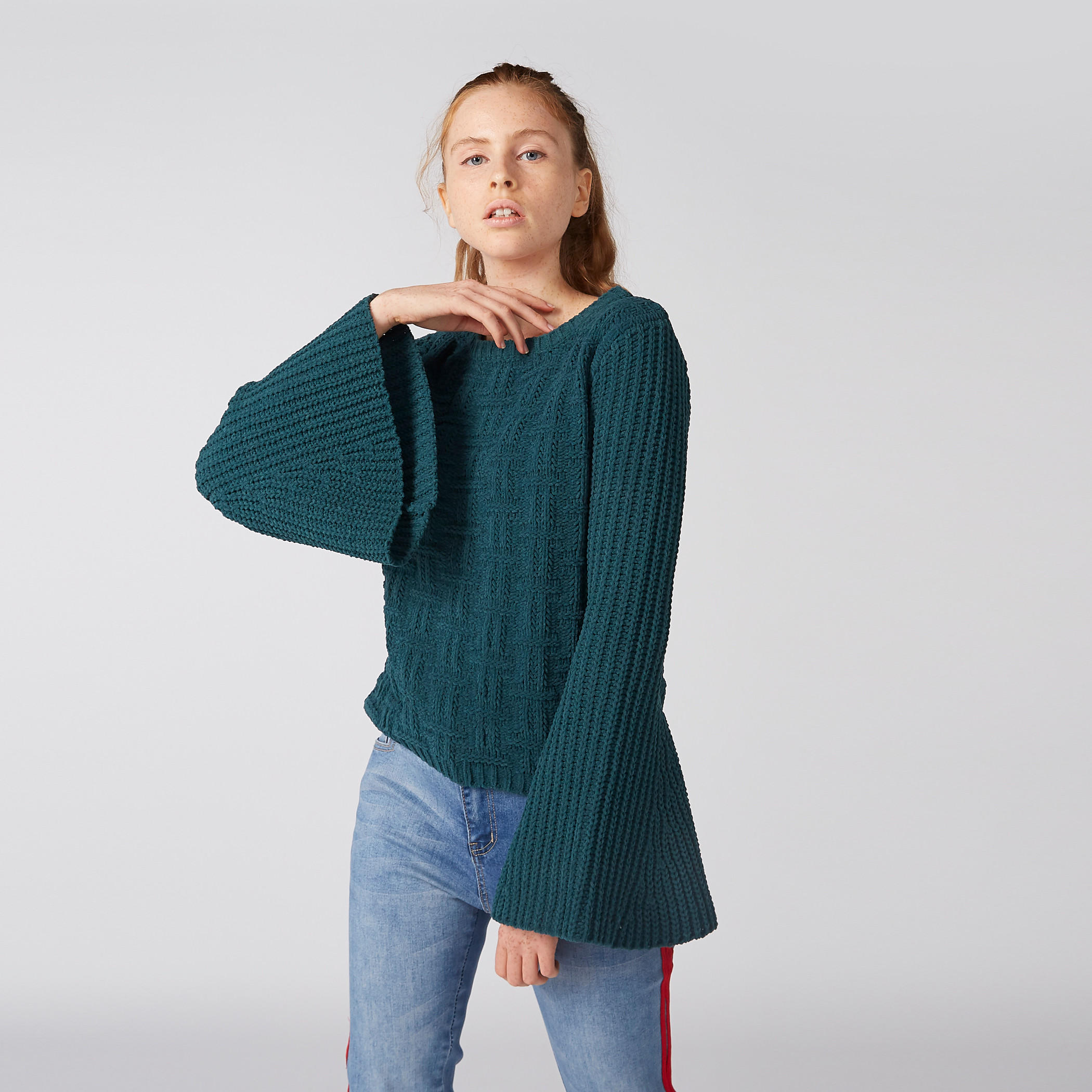 Textured Sweater with Round Neck and Flared Sleeves-women-clothing-cardigansandjumpers-jumpers-image-2