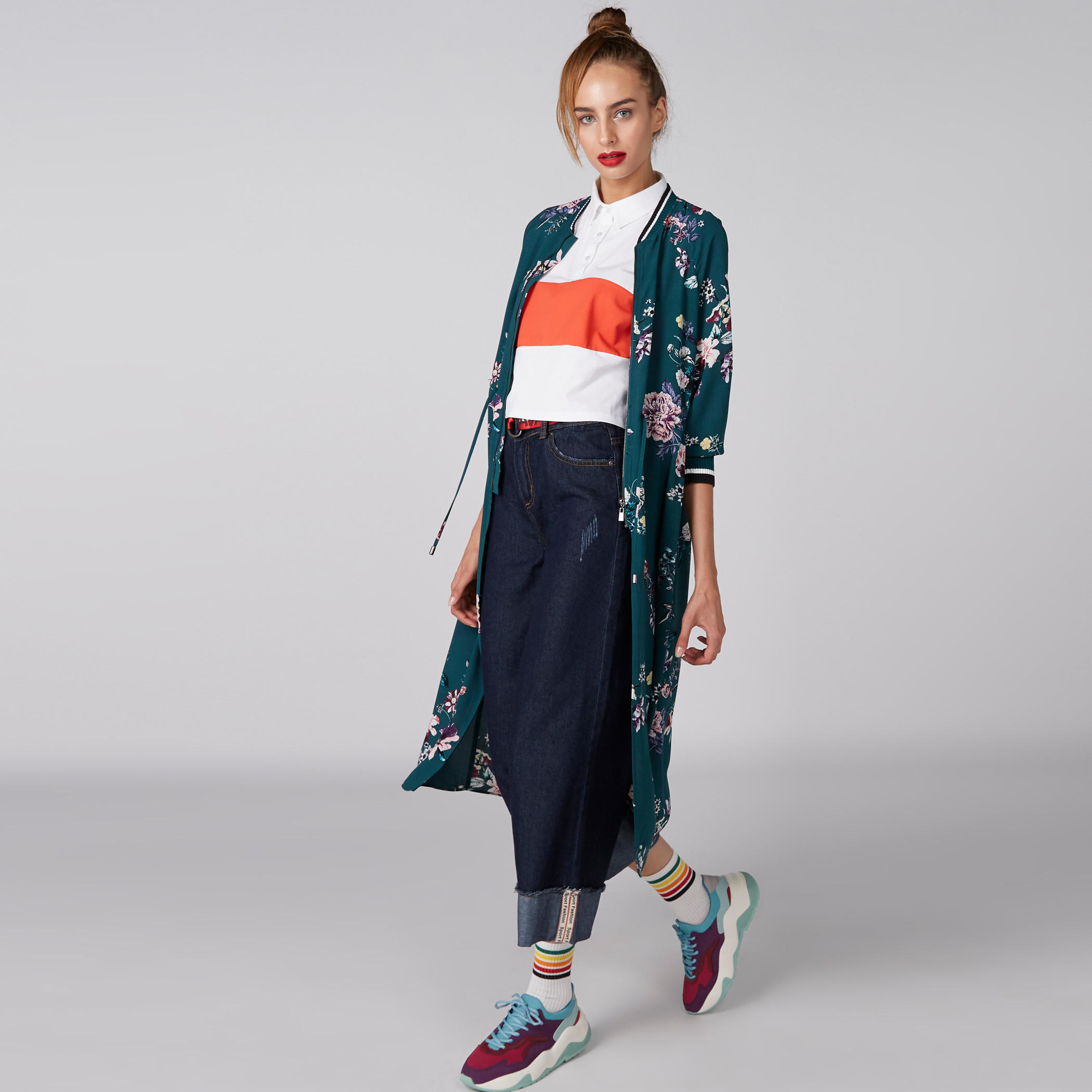 Floral Printed Longline Jacket with 3/4 Sleeves and Tie Ups-women-winterwear-coatsandjackets-jackets-image-1