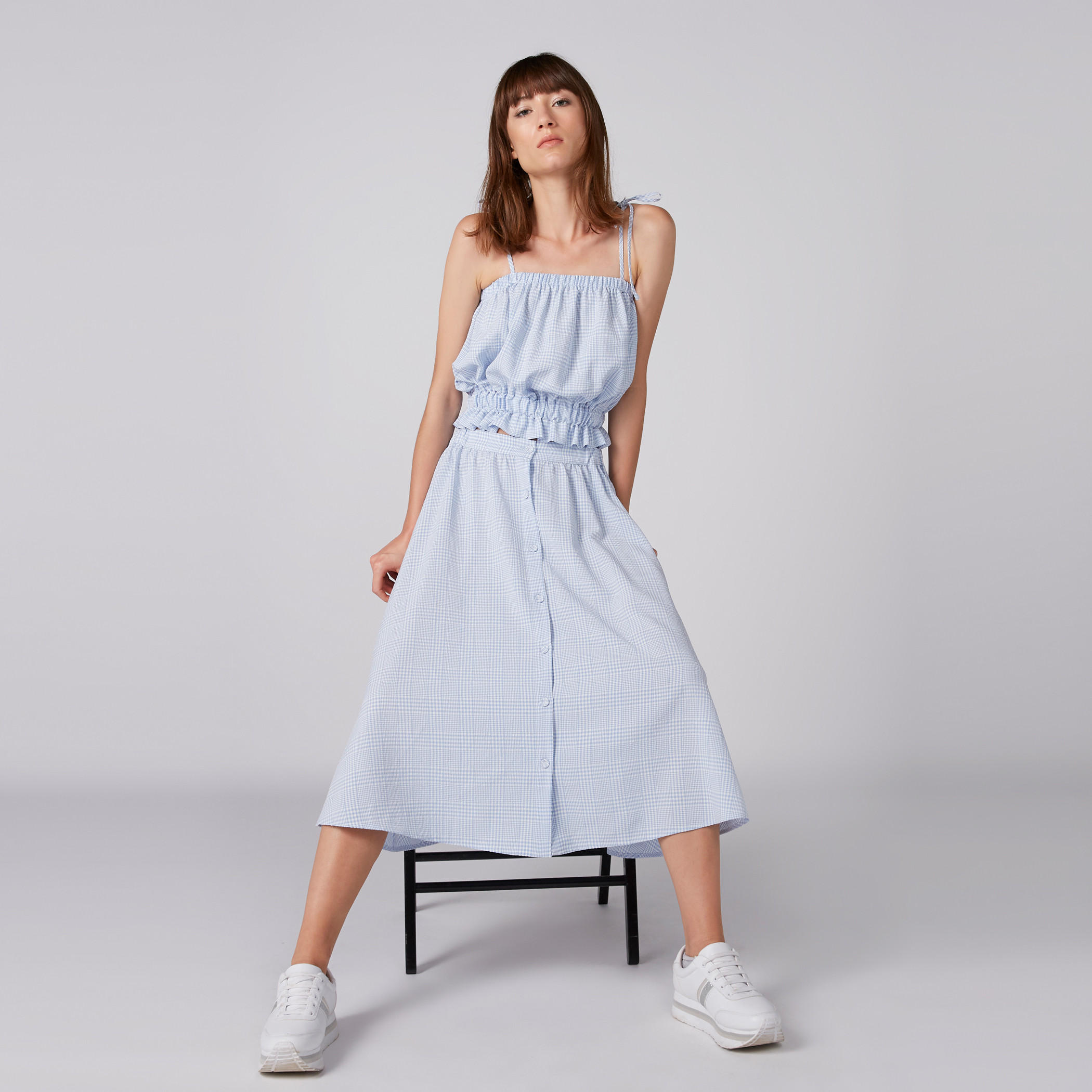 Chequered Midi Skirt with Elasticised Waistband and Button Closure-women-clothing-bottoms-skirts-image-1