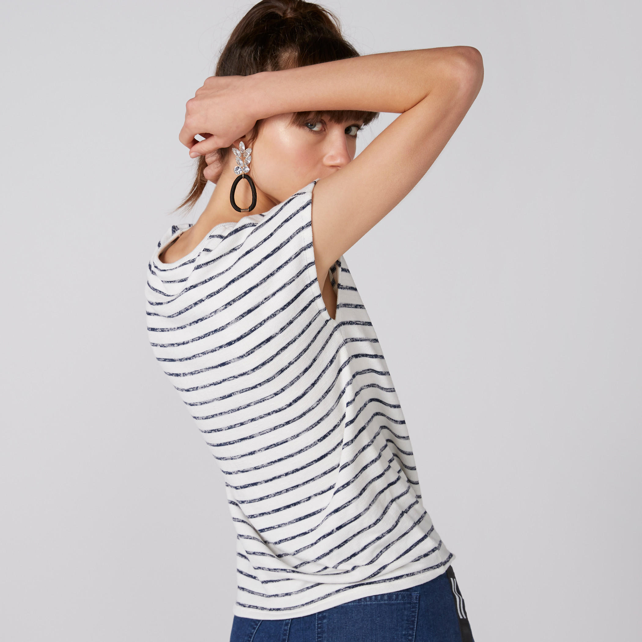 Striped Round Neck Top with Tie Ups and Extended Sleeves-women-clothing-tshirts-image-1