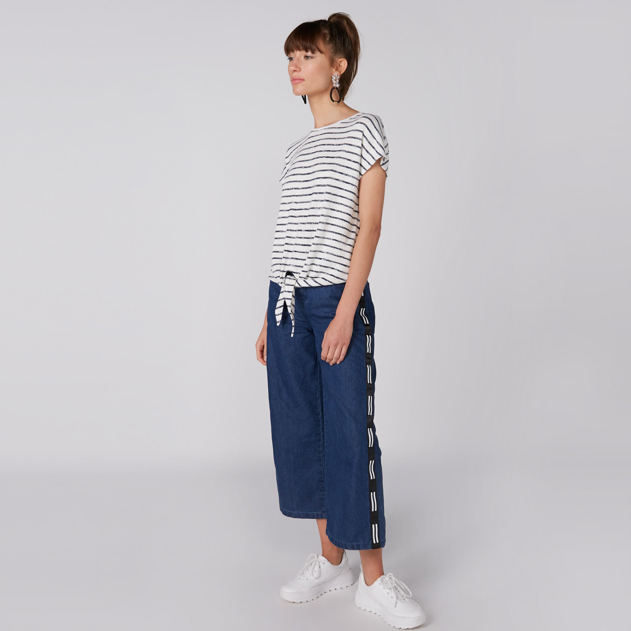 Striped Round Neck Top with Tie Ups and Extended Sleeves-women-clothing-tshirts-image-2