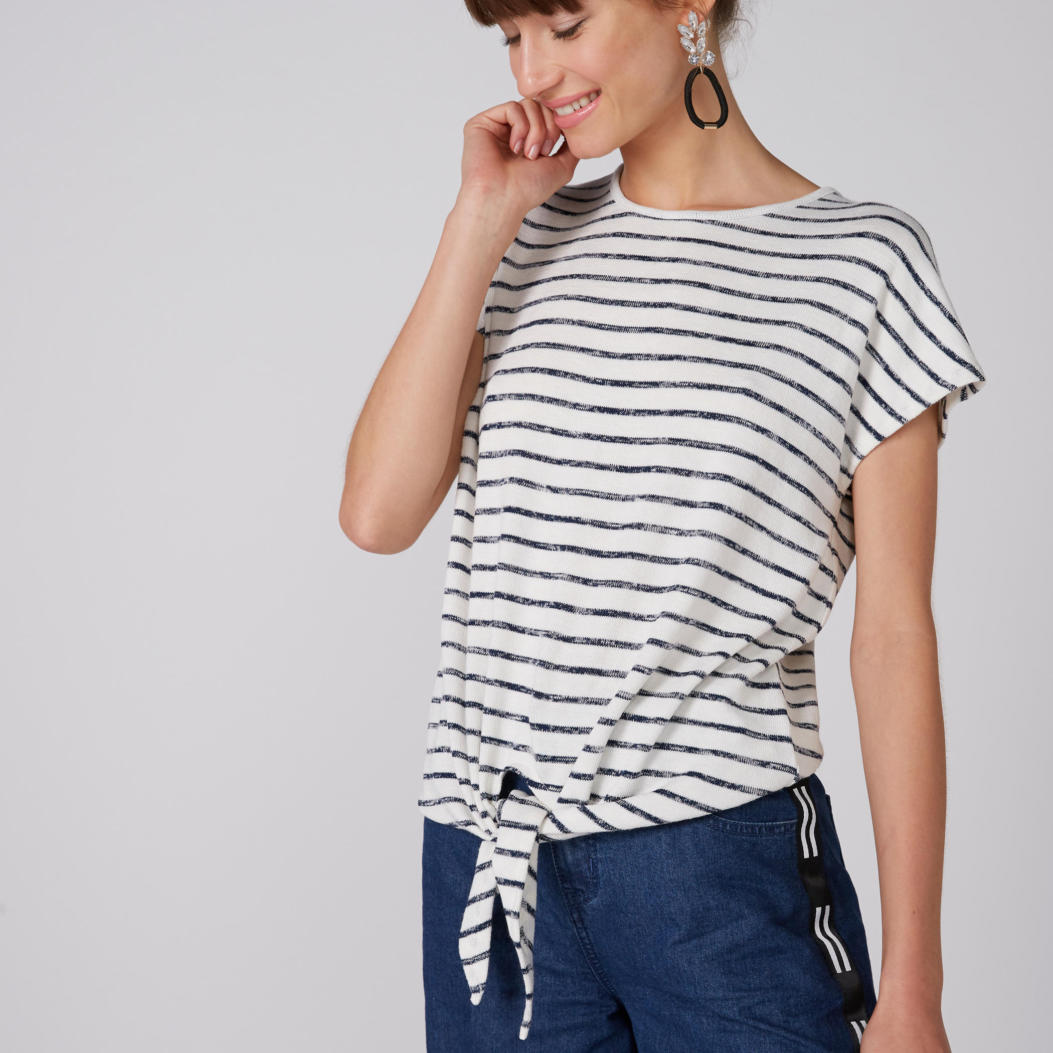 Striped Round Neck Top with Tie Ups and Extended Sleeves-women-clothing-tshirts-image-3