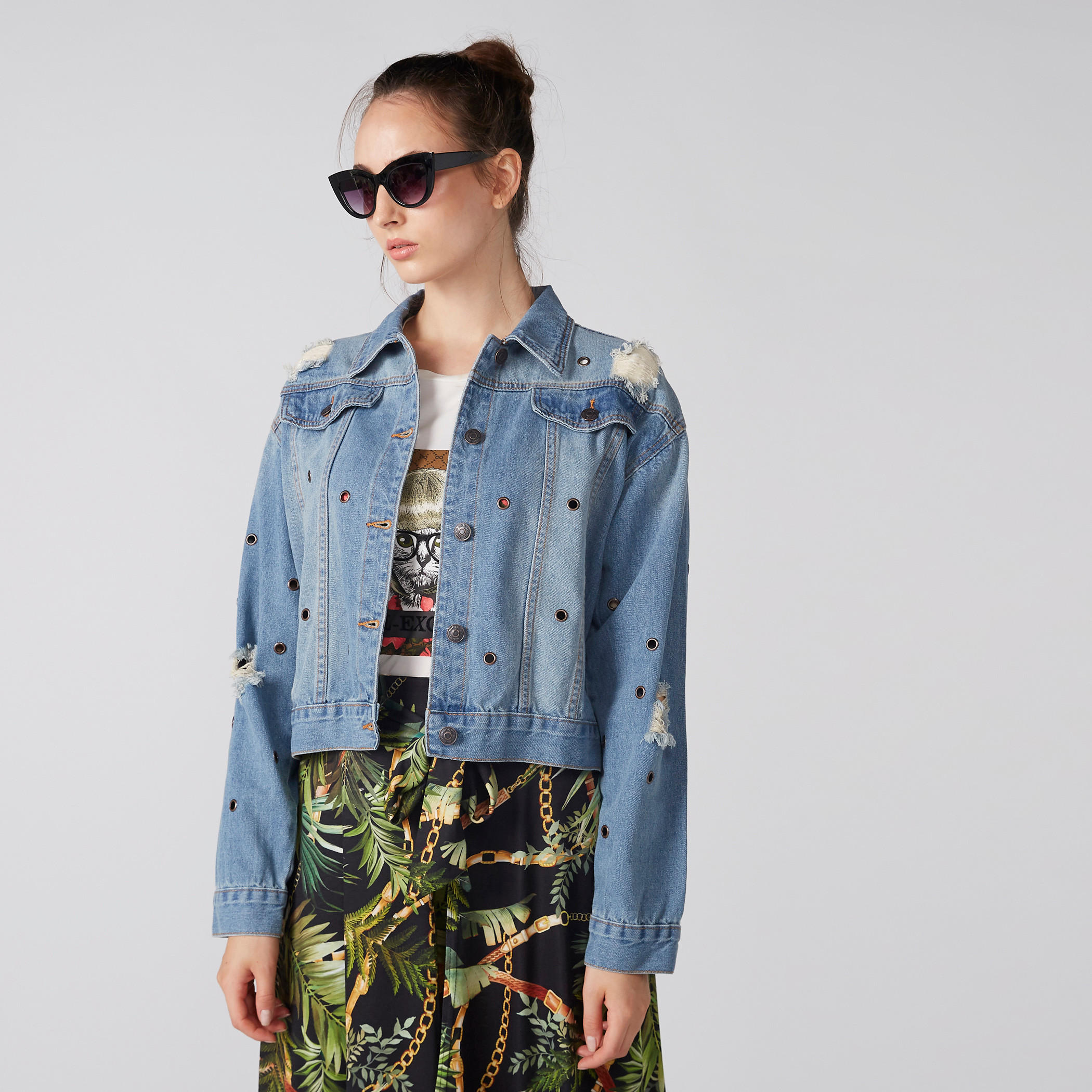 Distressed Denim Jacket with Long Sleeves and Button Closure-women-winterwear-coatsandjackets-jackets-image-1