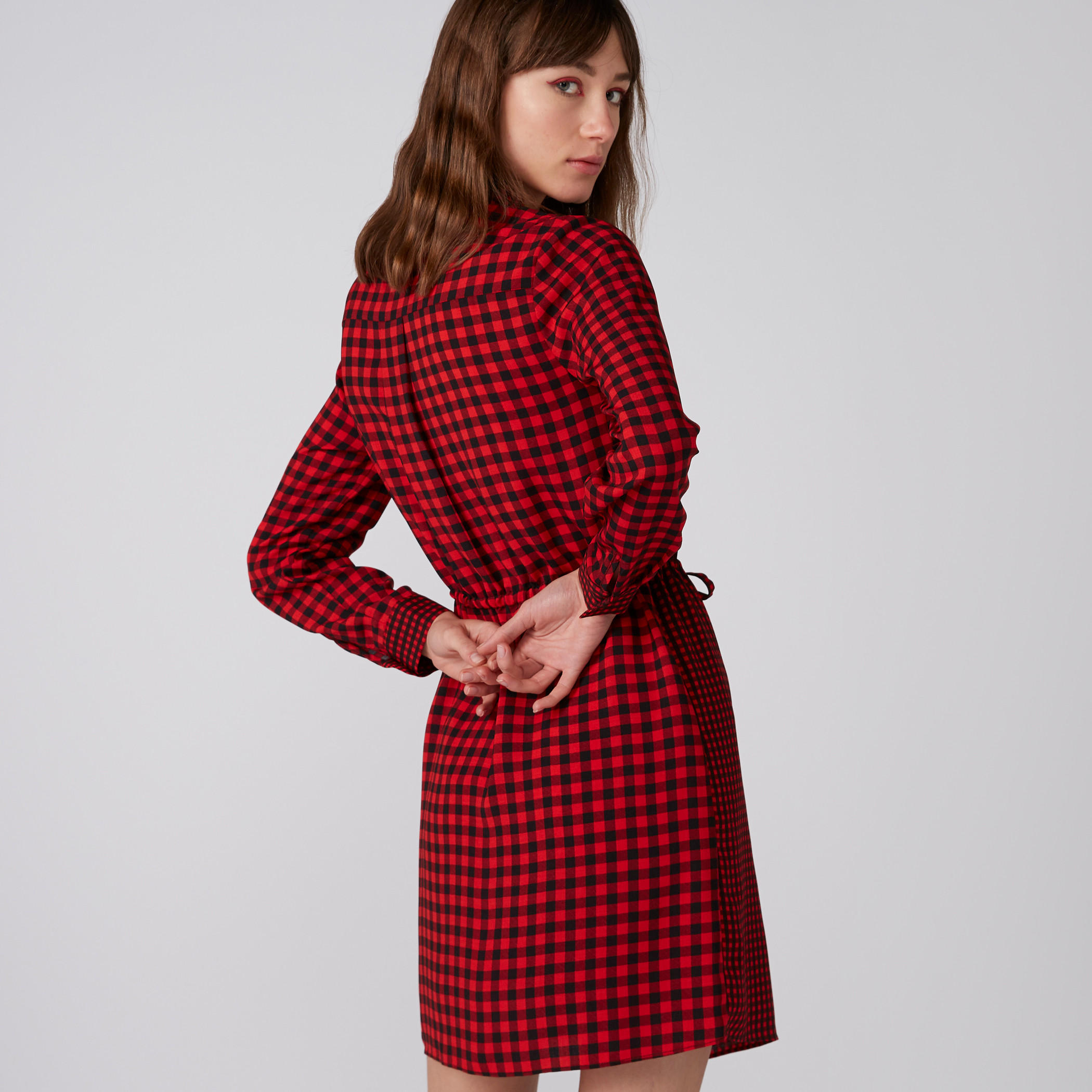 Chequered Shirt Dress with Long Sleeves and Tie Ups-women-clothing-dresses-image-2
