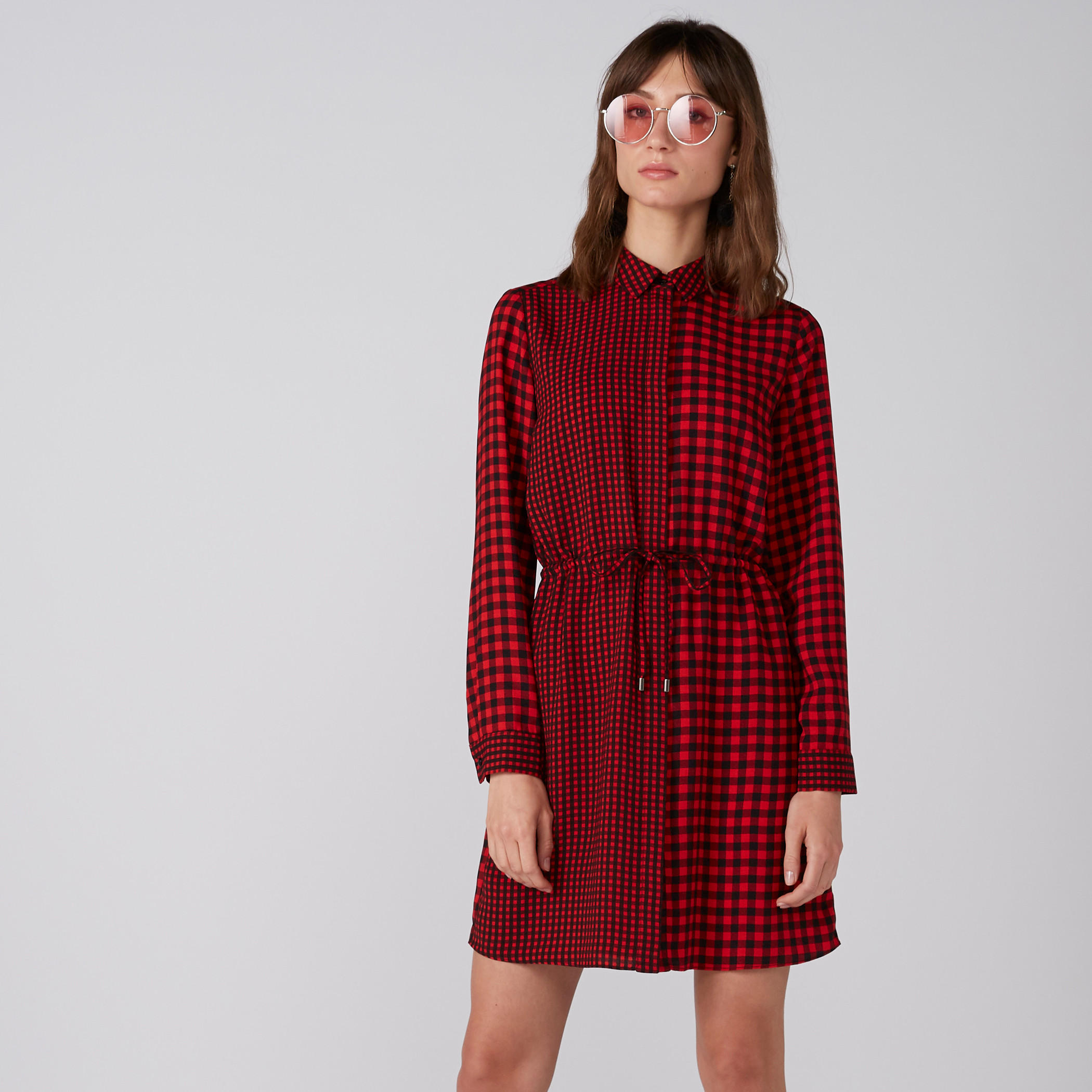 Chequered Shirt Dress with Long Sleeves and Tie Ups-women-clothing-dresses-image-3