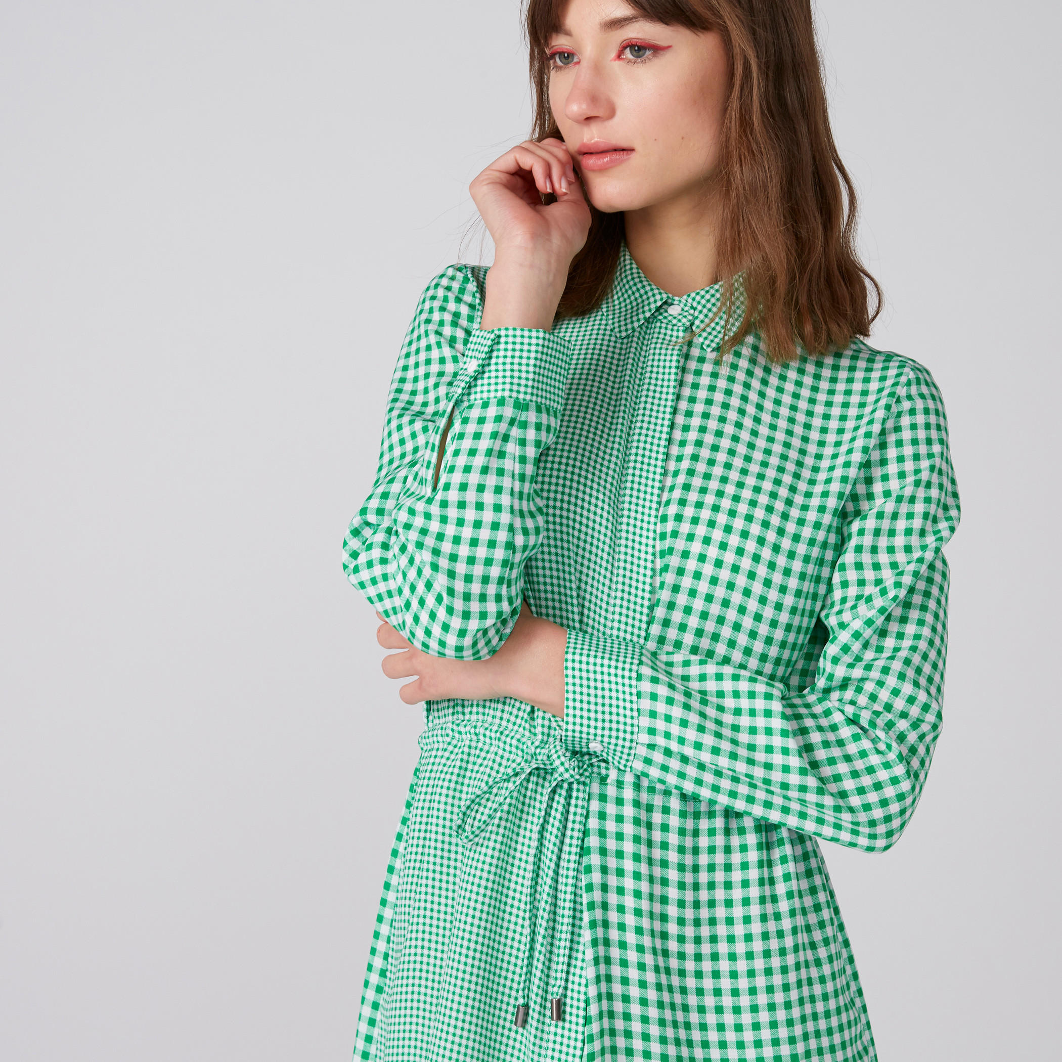 فستان قميص كاروهات بأكمام طويلة وأربطة-women-clothing-dresses-image-1