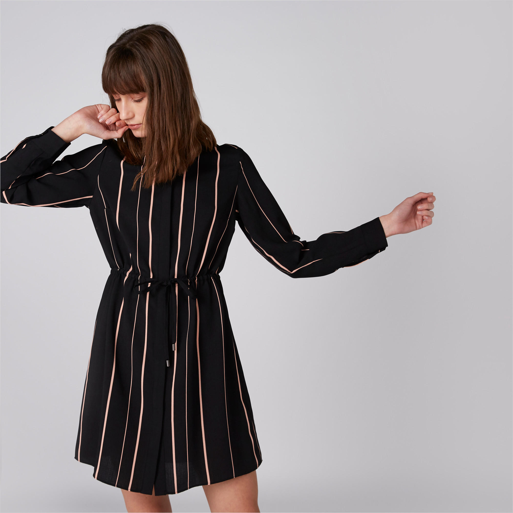 فستان قميص مقلم بأكمام طويلة وأربطة-women-clothing-dresses-image-1