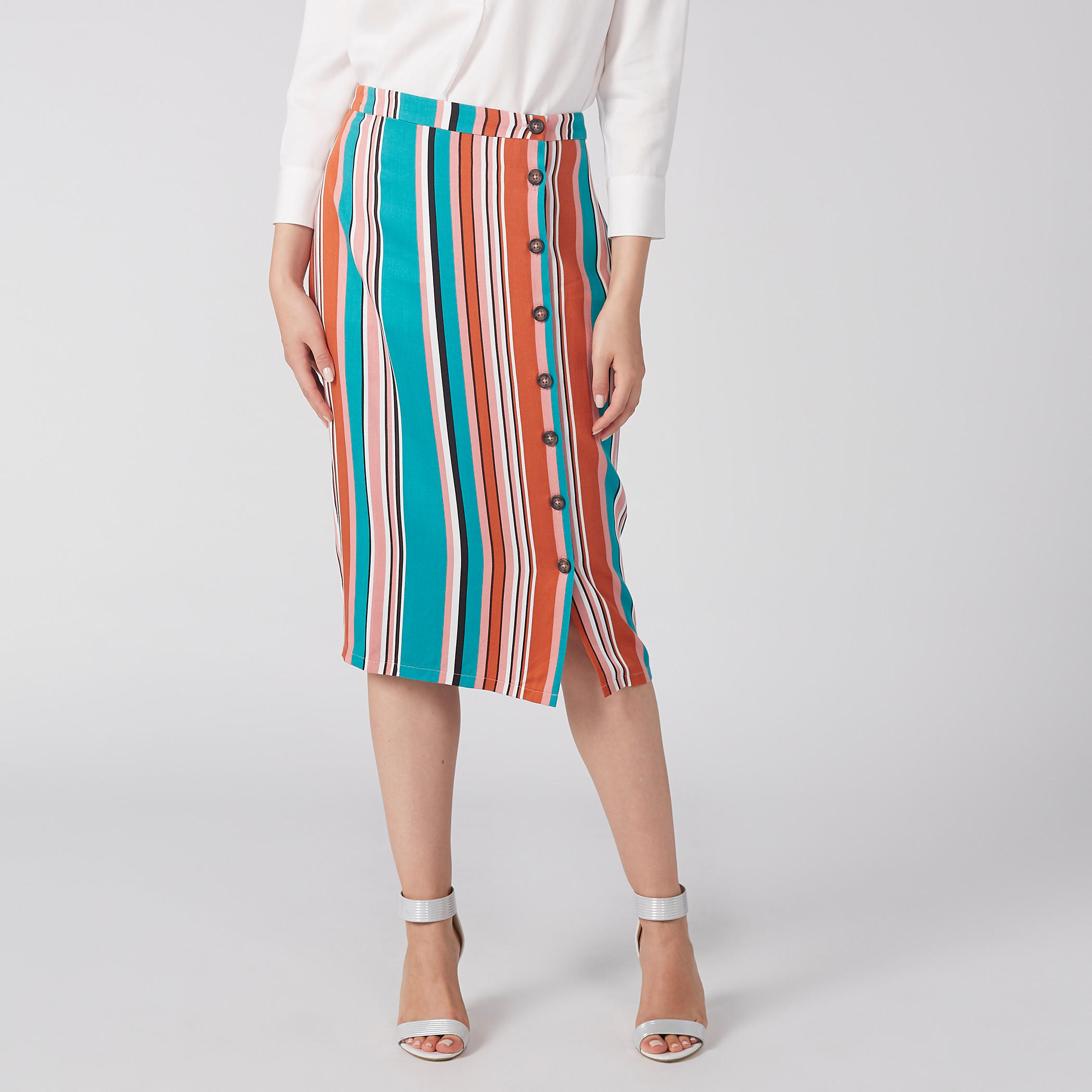 تنورة ضيّقة متوسطة الطول بتصميم مقلّم وأزرار-women-clothing-bottoms-skirts-image-5
