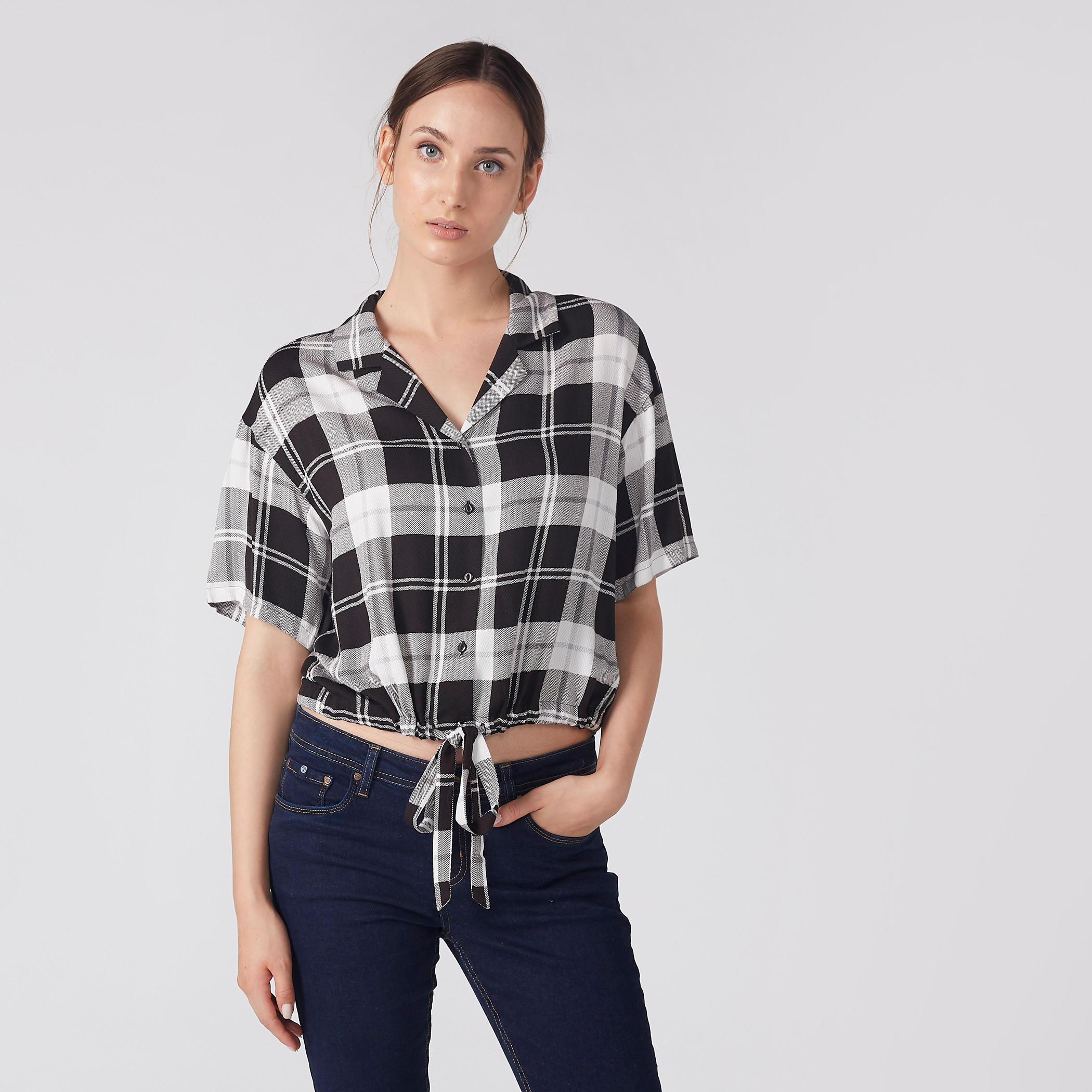 قميص كاروهات قصير بأكمام قصيرة وأربطة-women-clothing-shirtsandblouses-shirts-image-2